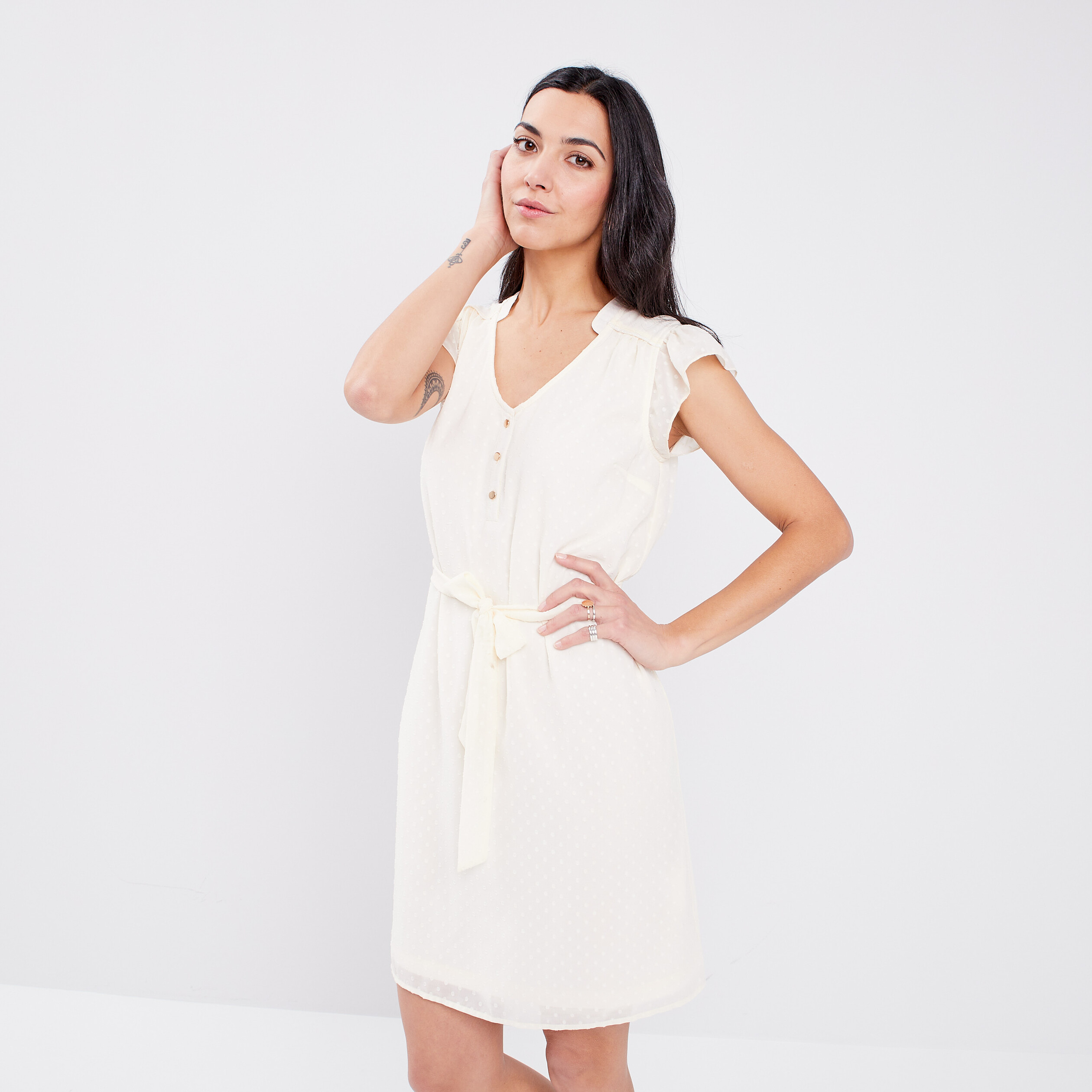 Robe plumetis droite ceinturée blanc femme | La Halle