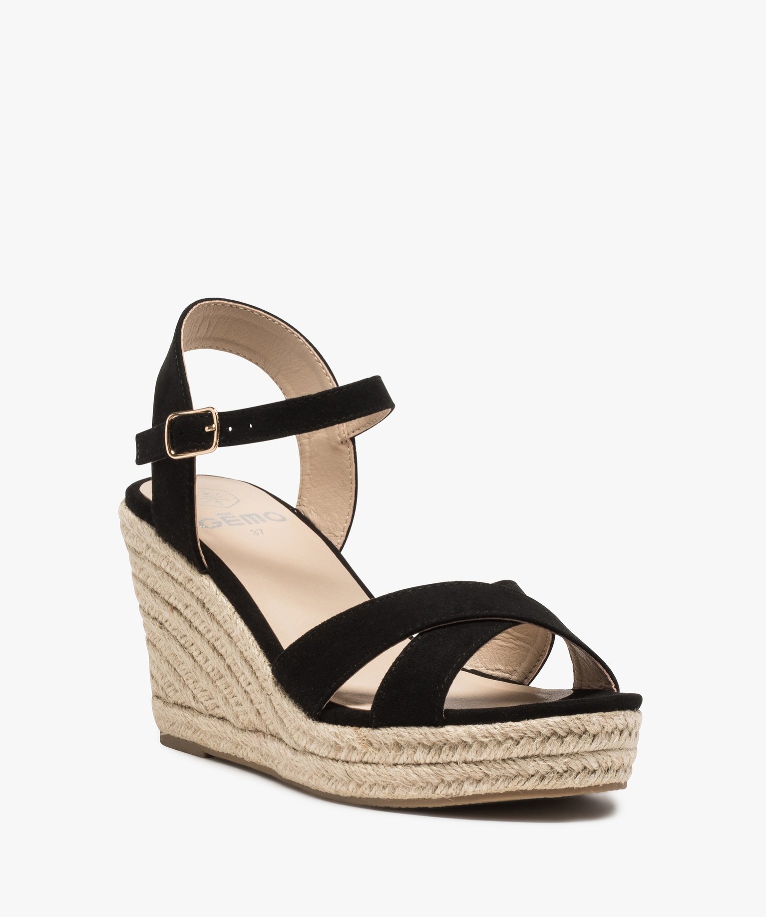 Sandales femme à talon compensé et brides unies noir | GEMO