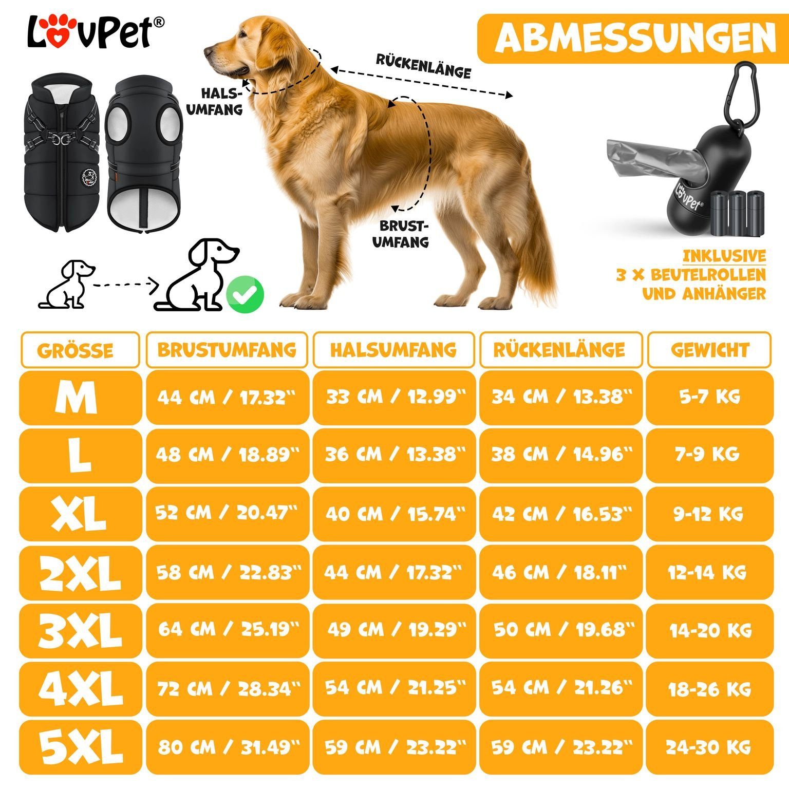 Lovpet Hundejacke, Hundemantel mit Geschirr, inkl. 45 Stück Kotbeutel +Spender