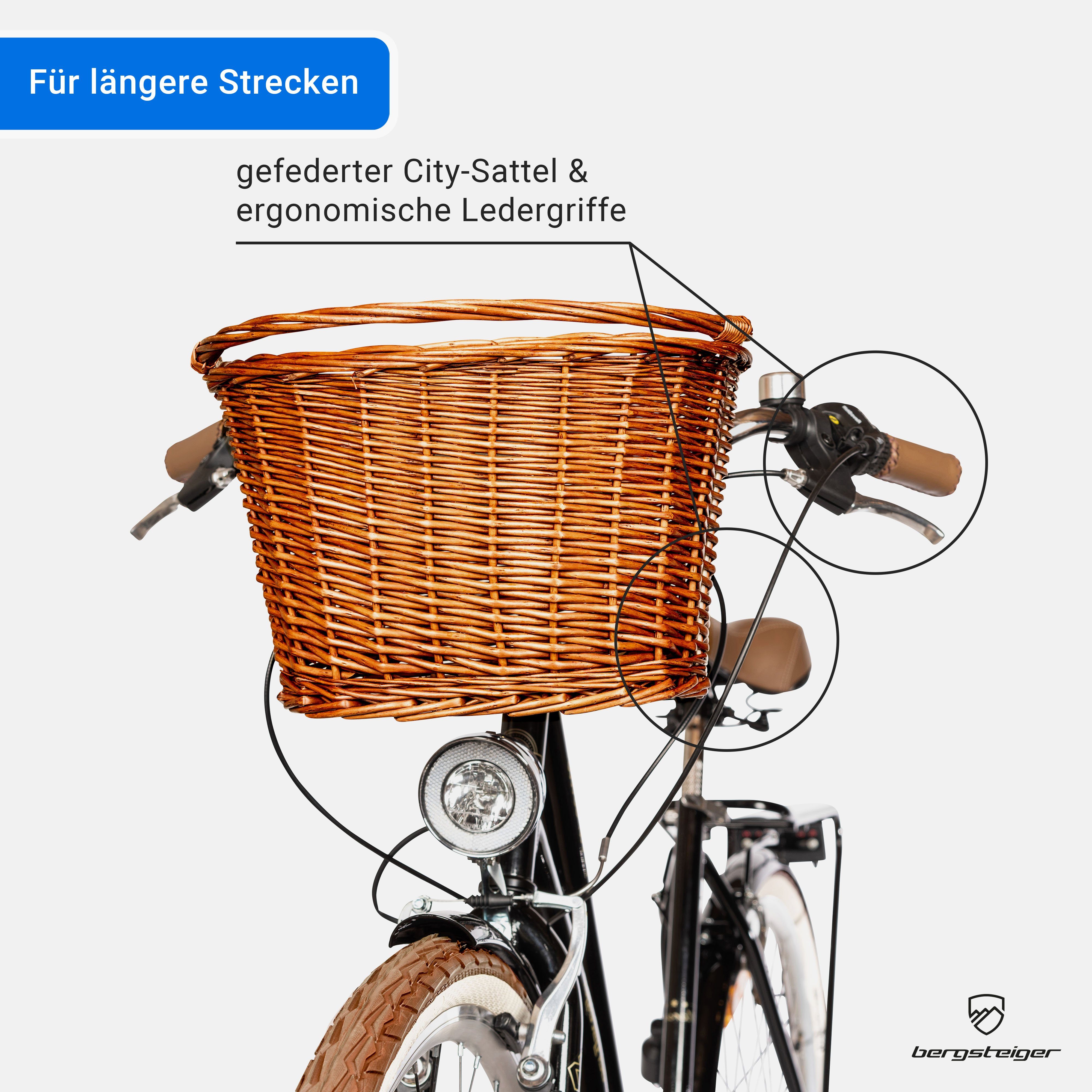 bergsteiger Cityrad Marseille 26 Zoll, 28 Zoll Damenfahrrad, ab 150 cm, Korb aus Rattan, 6 Gang, Kettenschaltung