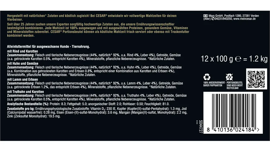CESAR® Portionsbeutel Multipack Selektion in Sauce 4 Varietäten 12 x 100g 1200 g