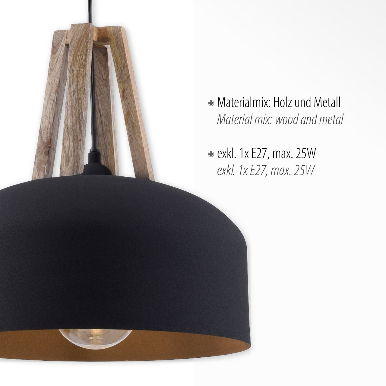 JUST LIGHT LeuchtenDirekt Pendelleuchte HAREA, 1xE27 max. 25W exkl., Holzapplikation, Ø32 cm, Innenleuchte, IP20