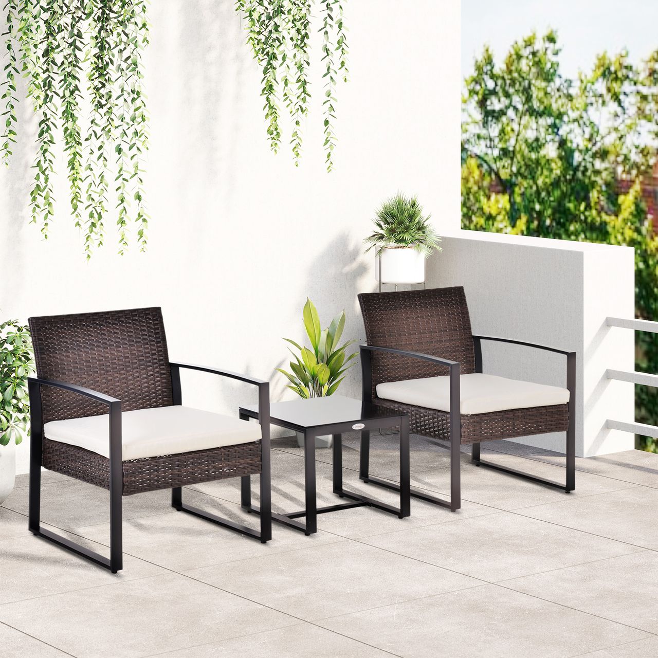 Outsunny Polyrattan Gartenset 3 tlg. Balkonmöbel Set mit Kissen Braun Creme