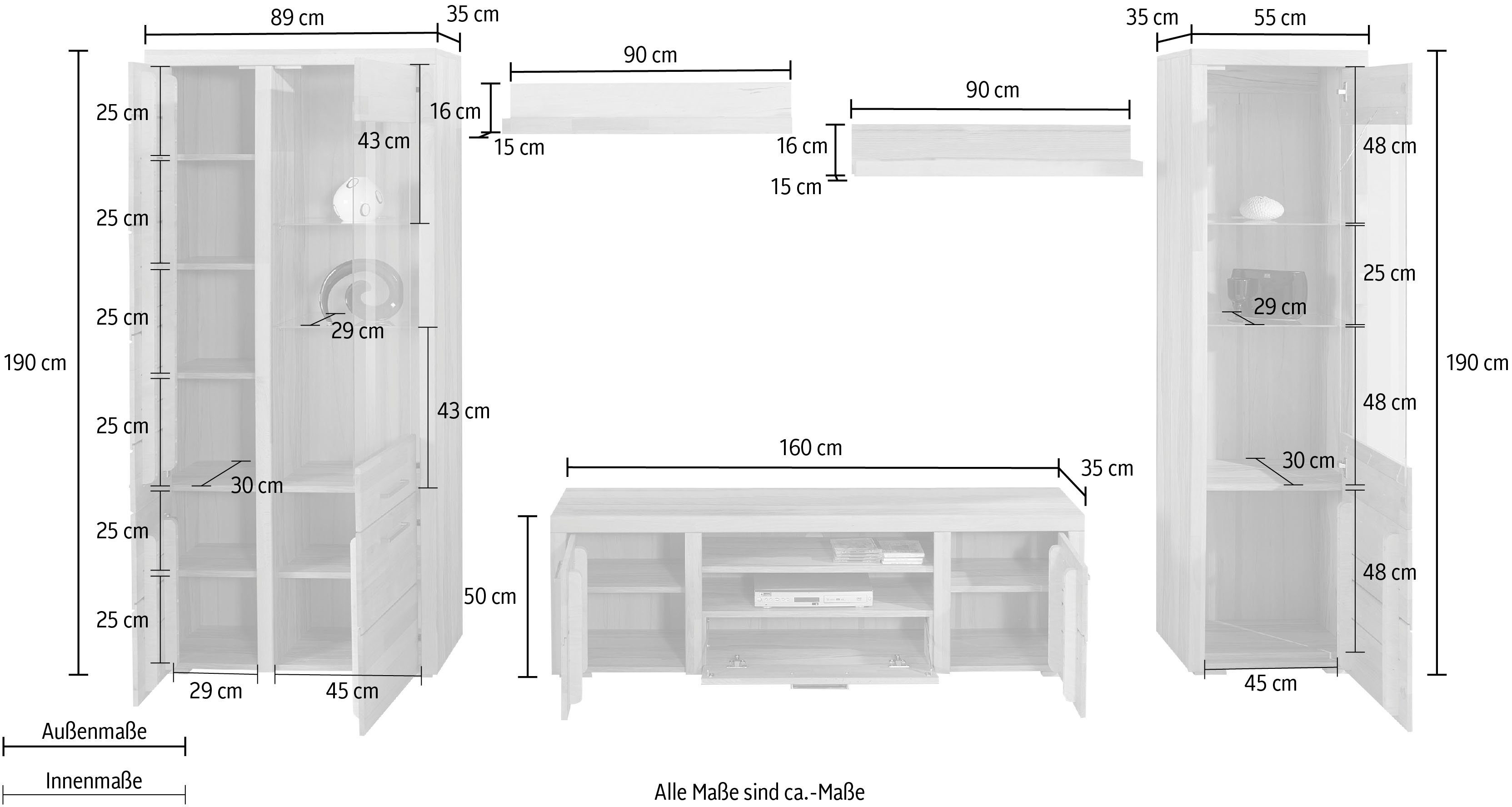 Woltra Wohnwand Falco, (Set, 4-St., 5), Fronten aus Massivholz