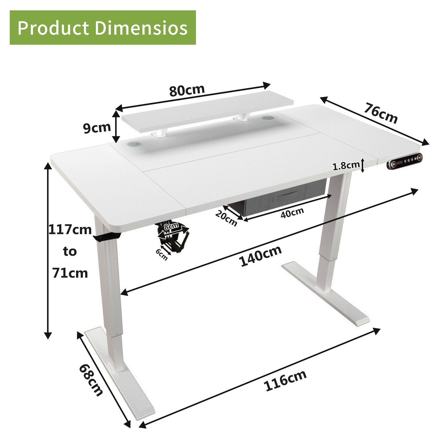 Radlove Schreibtisch Höhenverstellbarer Schreibtisch mit Schubladen (140x76 cm, 4-Memory Steuerung, Rollen, Getränkehalter, Drahtkorb, Schubladen), Schreibtisch Höhenverstellbar Elektrisch mit Monitorständer