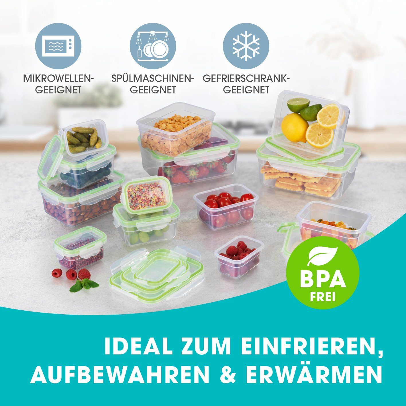 GOURMETmaxx Frischhaltedose Lunchbox tropfsicher, einfrieren, aufbewahren, (14er Set, 28-tlg), 4x 200ml; 4x 500ml; 4x 1100ml; 2x 2100ml