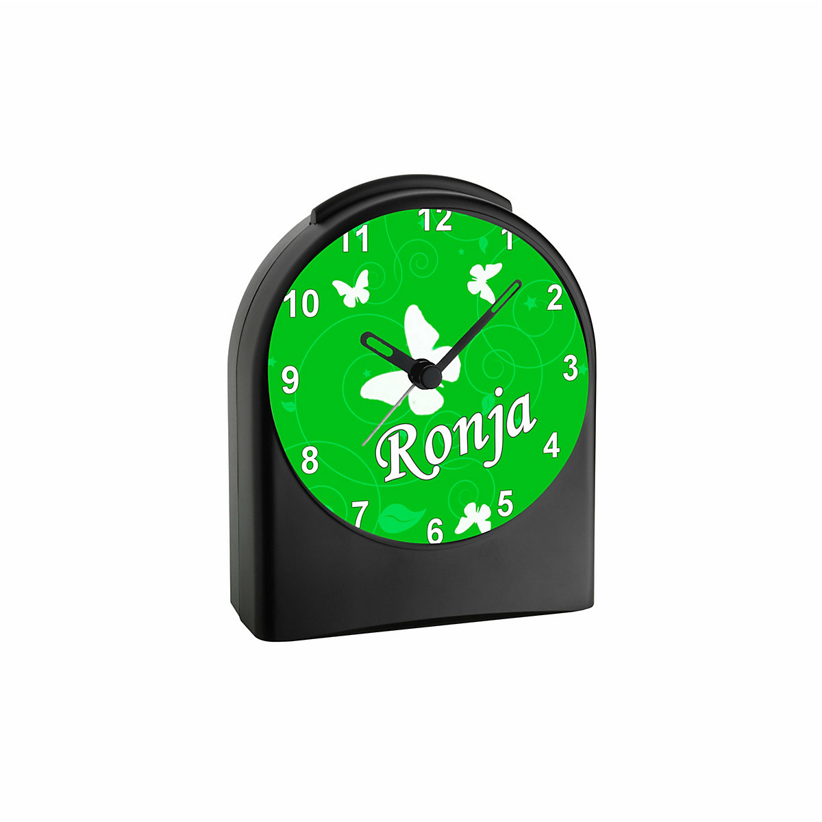 Kinder Funkwecker personalisiert mit Namen Schmetterling Ornamente Atom-/Funkuhr, 12-Stunden-Anzeigeformat, Schlummerfunktion, Nachtlicht, Geräuschlos/Ohne Ticken