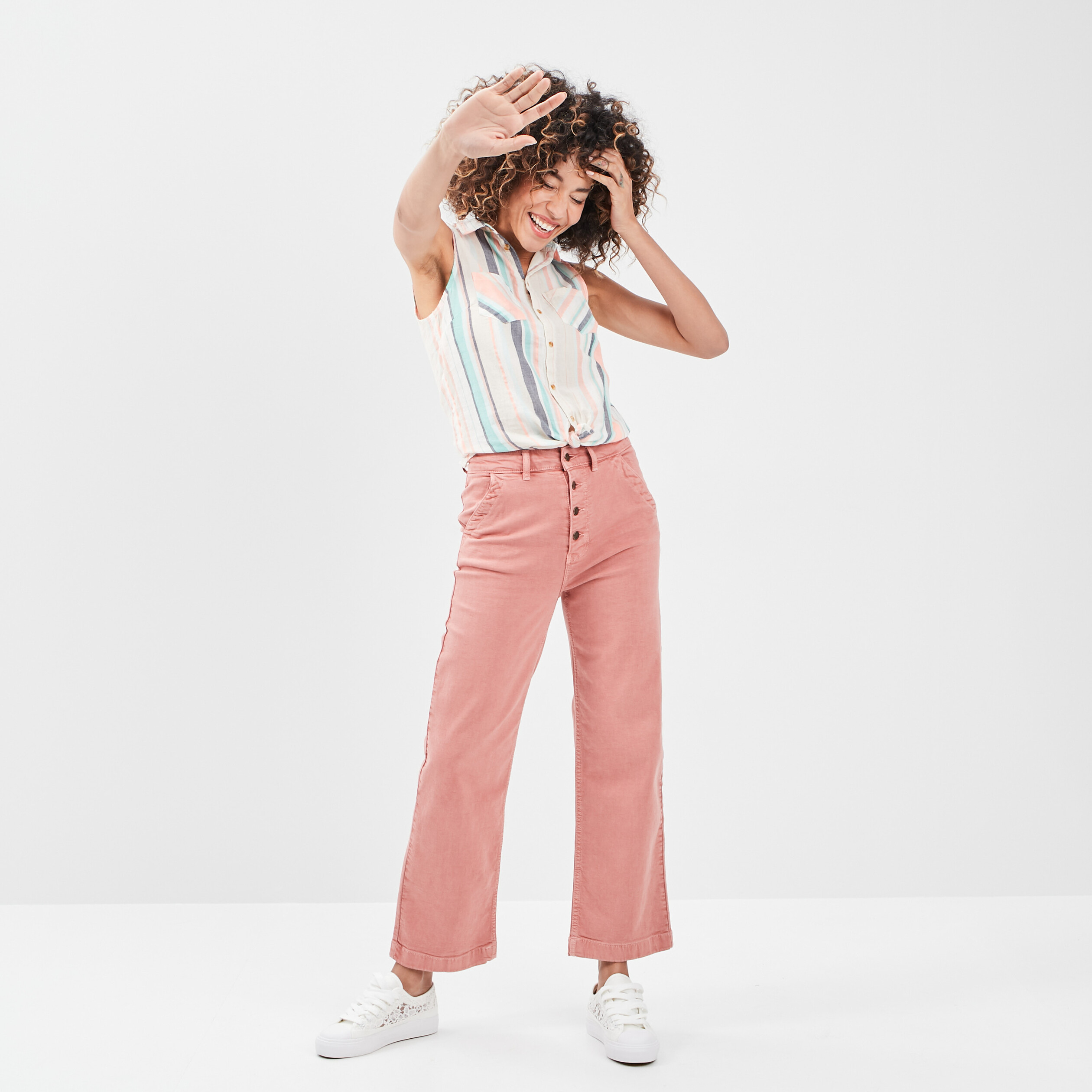 Pantalon jambe large 7 8ème boutonné rose framboise femme | La Halle