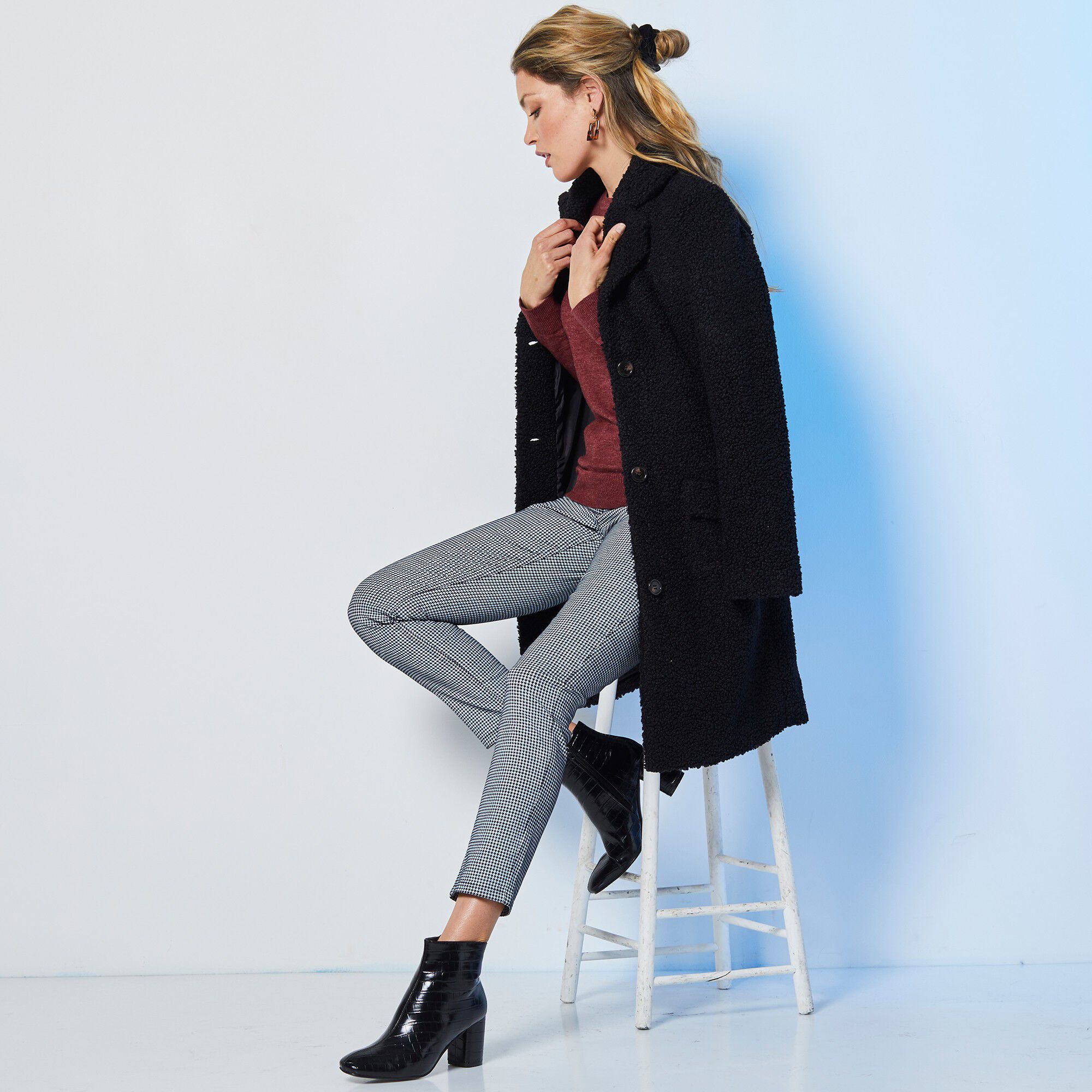 Manteau maille bouclette col tailleur