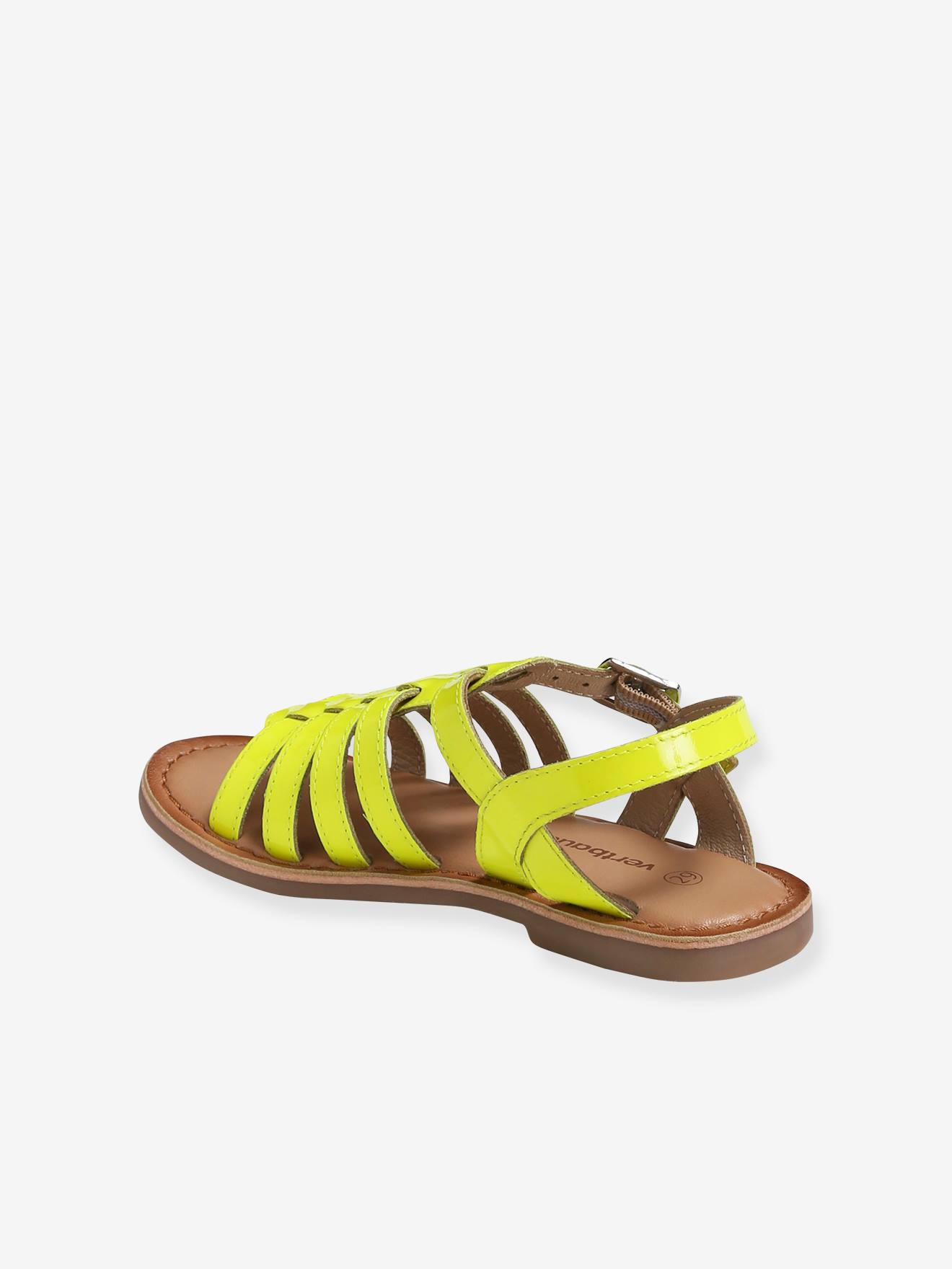 Sandales multi-brides cuir fille jaune fluo