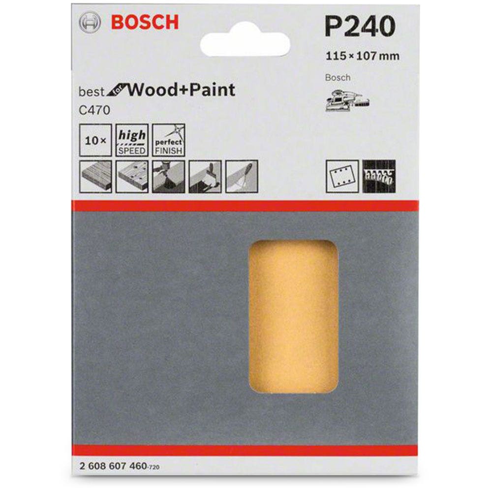 Lixa BOSCH 115 x 107 mm, grão 240, 6 furos, velcro, para madeira e tinta - C470, 10 unidades