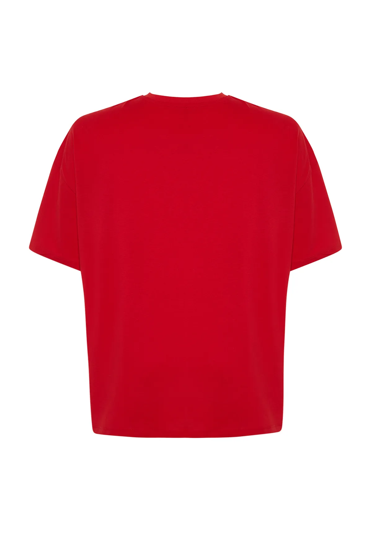 Trendyol Curve  Rotes Oversize-Strick-T-Shirt mit Slogan-Print TBBSS24BF00018