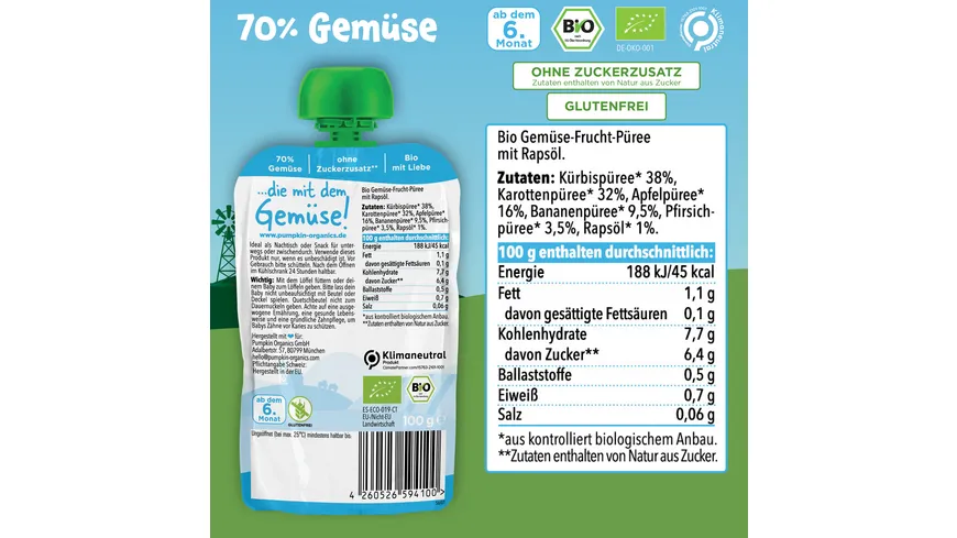 pumpkin organics Bio Quetschie Kürbis, Karotte, Apfel, Banane, Pfirsich 100 g