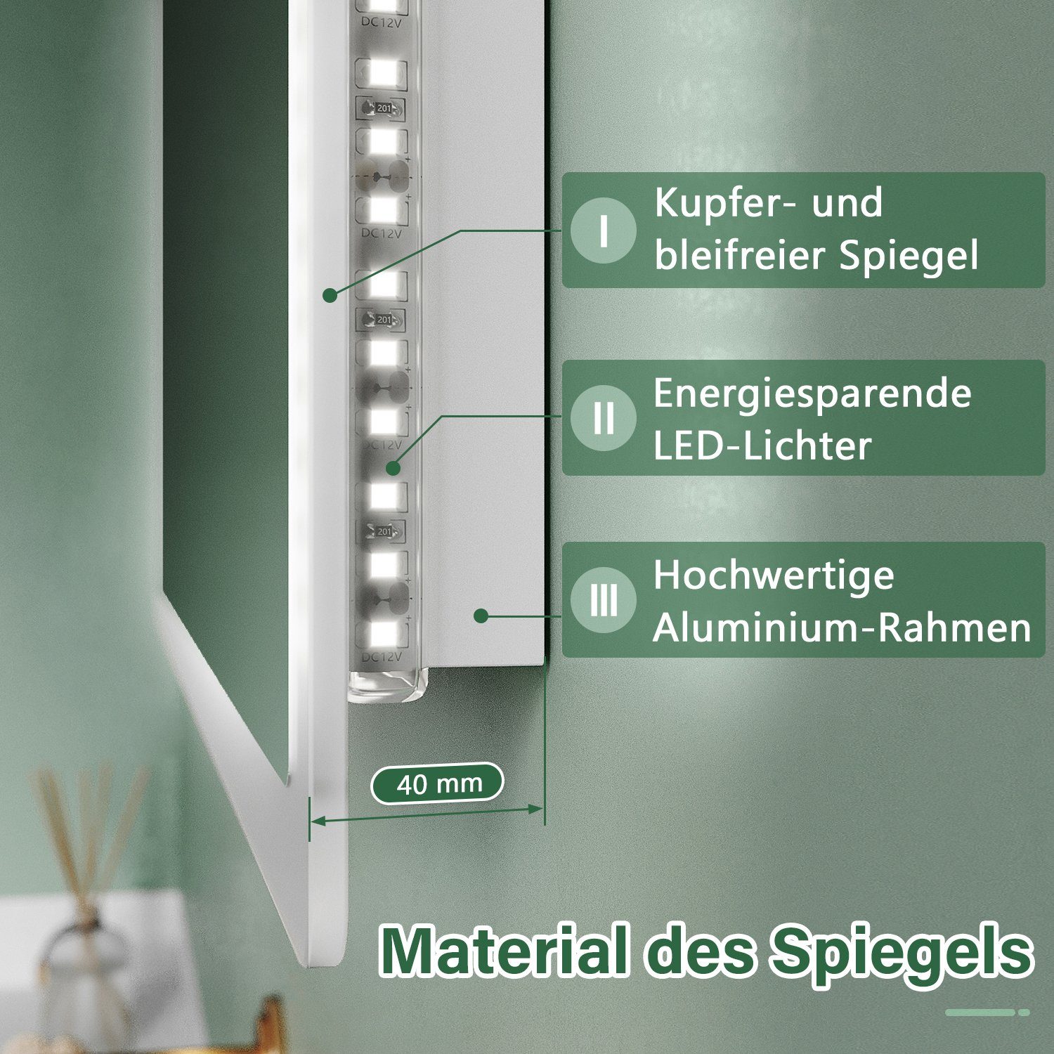 SONNI Badspiegel Badezimmerspiegel, mit Beleuchtung, 60×40 cm, Wandschalter, LED Badspiegel, Badspiegel, Lichtspiegel IP44