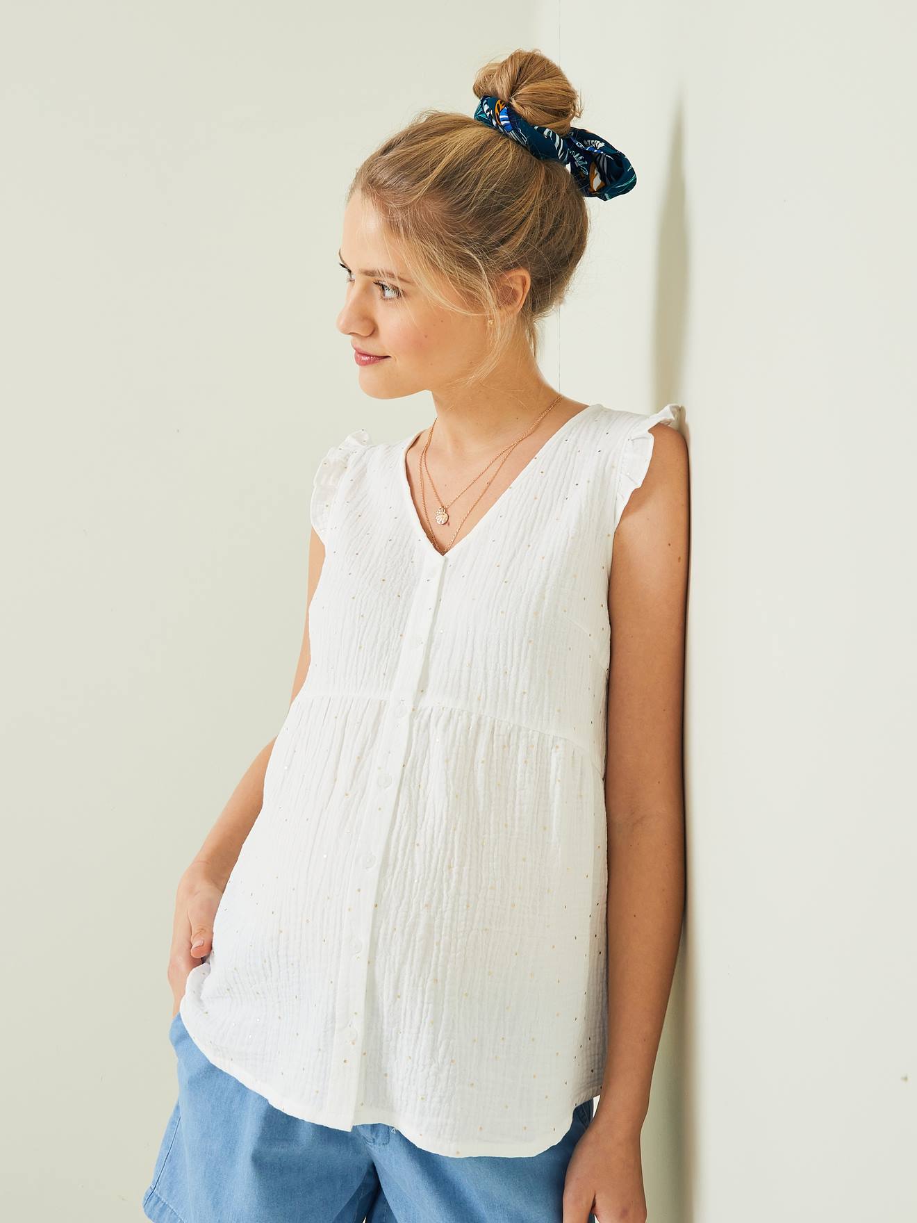 Blouse de grossesse et d'allaitement gaze de coton vert
