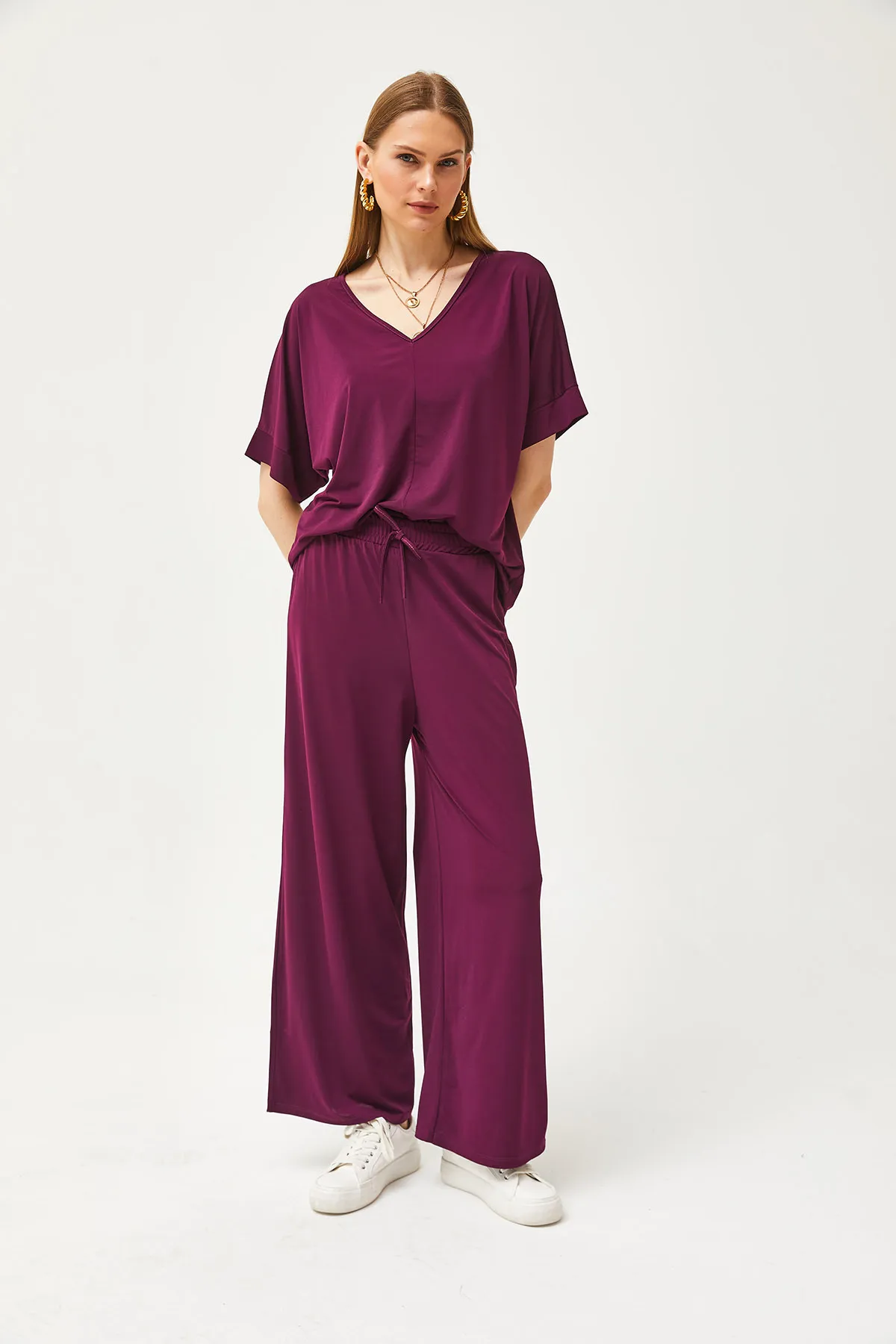 Olalook  Damen Pflaume Top Bluse Unterteil Palazzo Locker Strick Set TKM-19000267