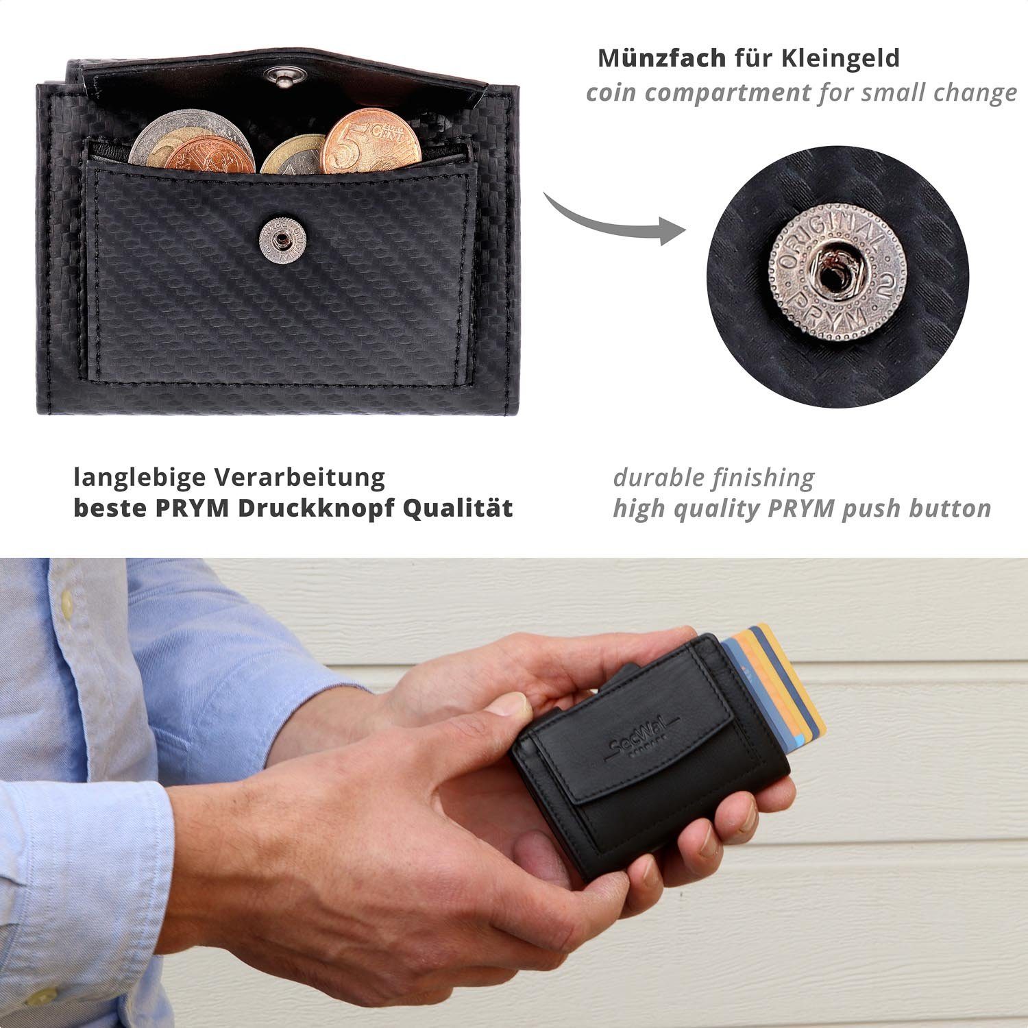 SecWal Geldbörse, Kartenetui mit Münzfach Druckknopf, Slim Wallet, RFID Schutz, Geldbeutel klein, für Damen und Herren
