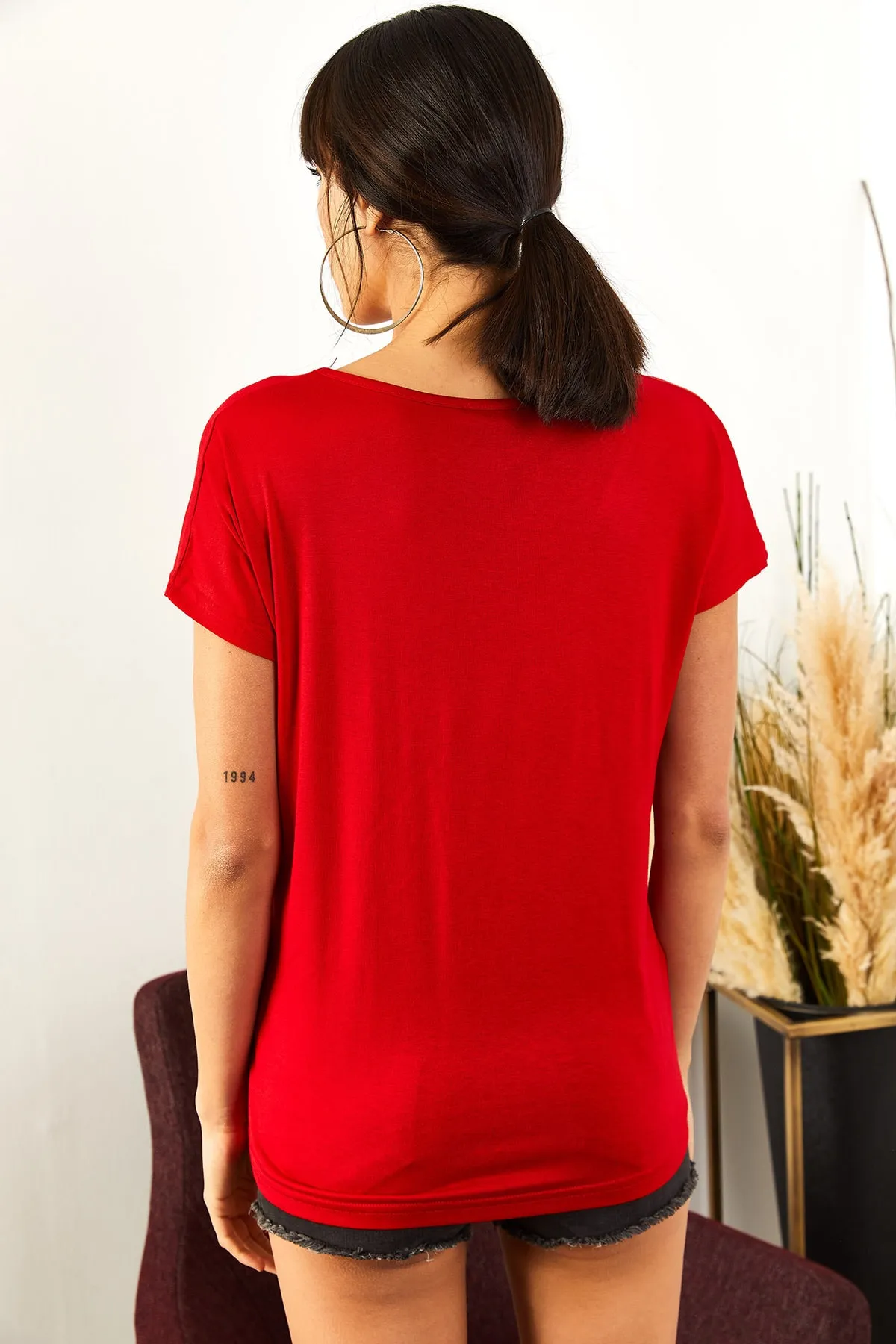 Olalook  Lässige Viskosebluse aus Spitze mit rotem Kragen für Damen BLZ-19000873