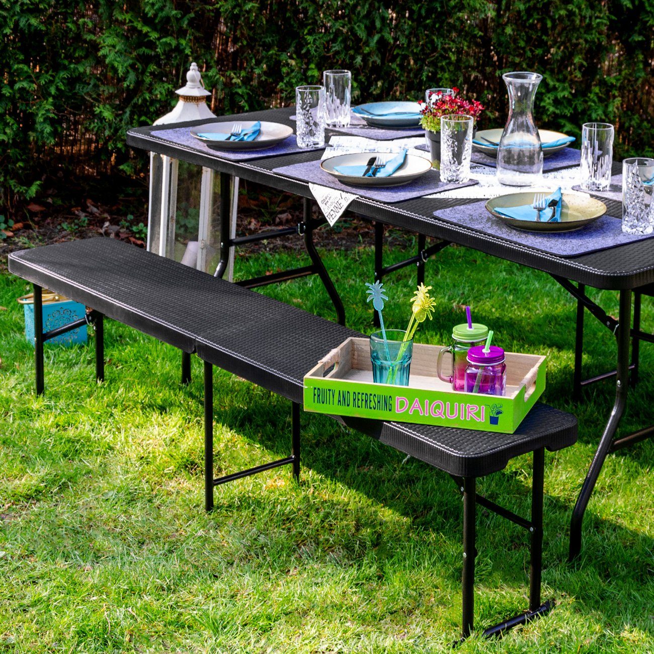 AMANKA Bierzeltgarnitur Bierbank Rattan Look Kunststoff Bank Sitzbank, Klappbar 184x30x43 Gartenbank