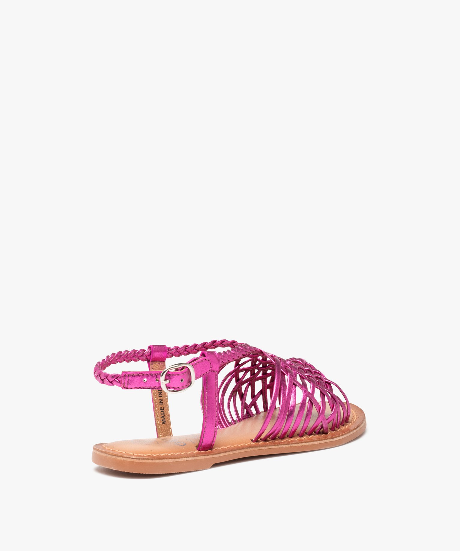 Sandales fille à fines brides tressées en cuir métallisé rose | GEMO