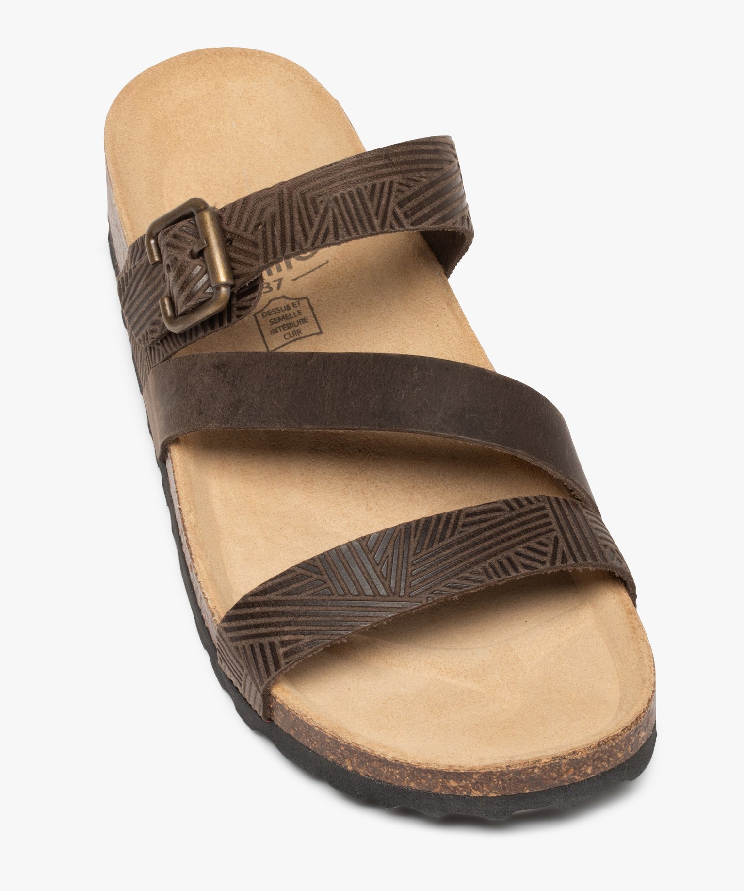 Mules femme à talon plat et brides fantaisie marron | GEMO