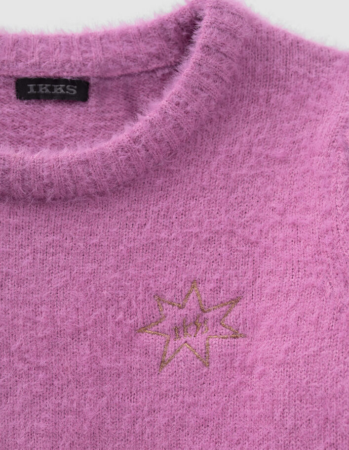 Pull rose foncé tricot avec broderie fille