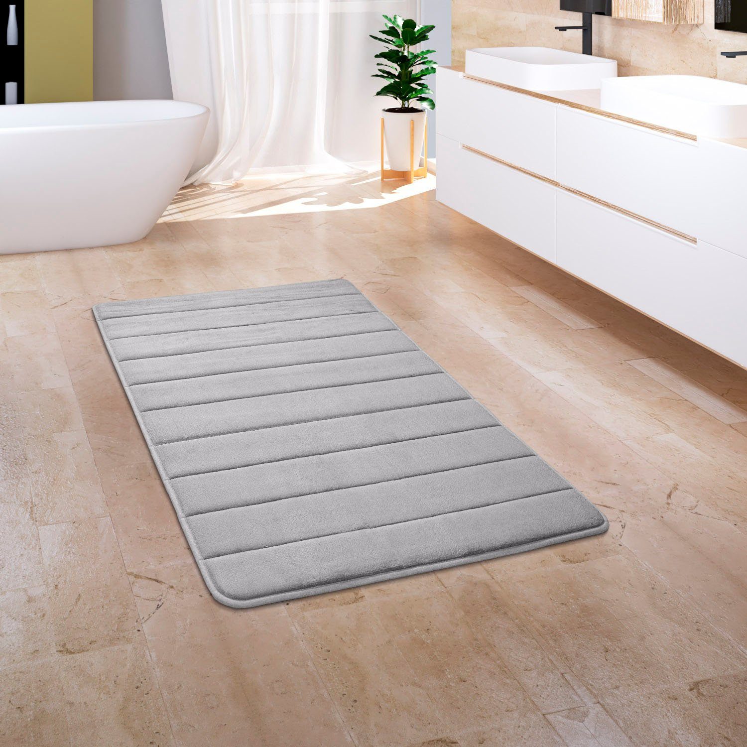 Badematte Corby 252 Paco Home, Höhe 13 mm, rutschhemmend beschichtet, fußbodenheizungsgeeignet, Polyester, rechteckig, Badteppich, gestreift, Hoch-Tief Effekt, Memory-Foam Effekt