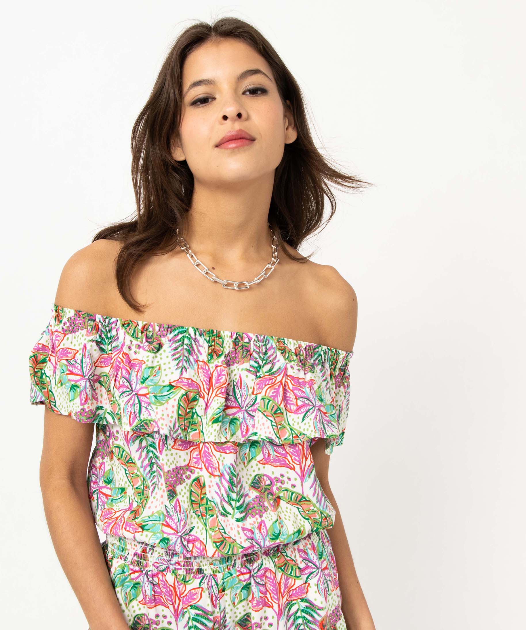 Combishort femme fleuri à col volanté imprime | GEMO