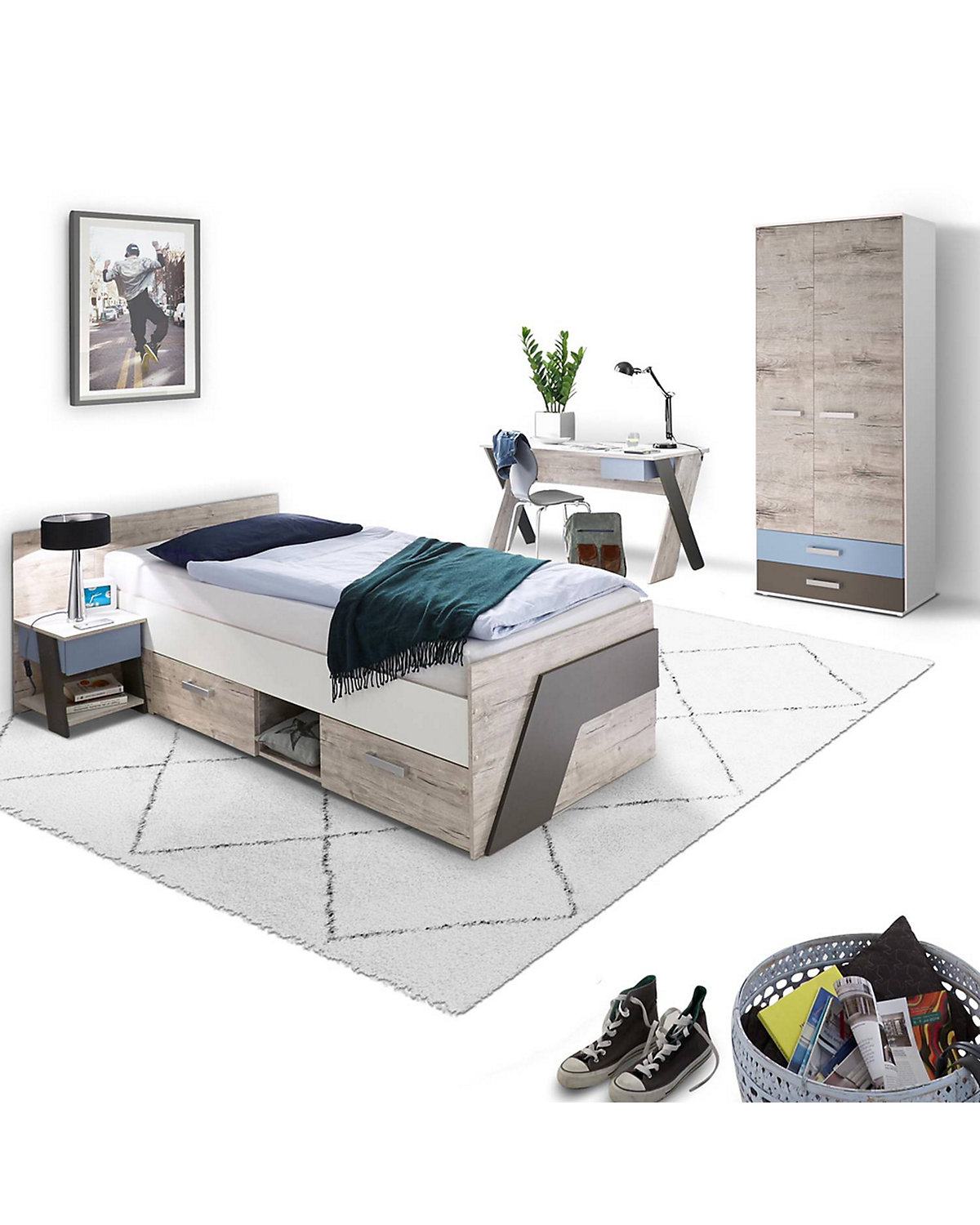 Kleiderschrank LEEDS-10 mit 2 Türen und 2 Schubkästen, Sandeiche Nb./weiß/Lava/Denim, B/H/T ca. 75,6/193,5/60,0 cm