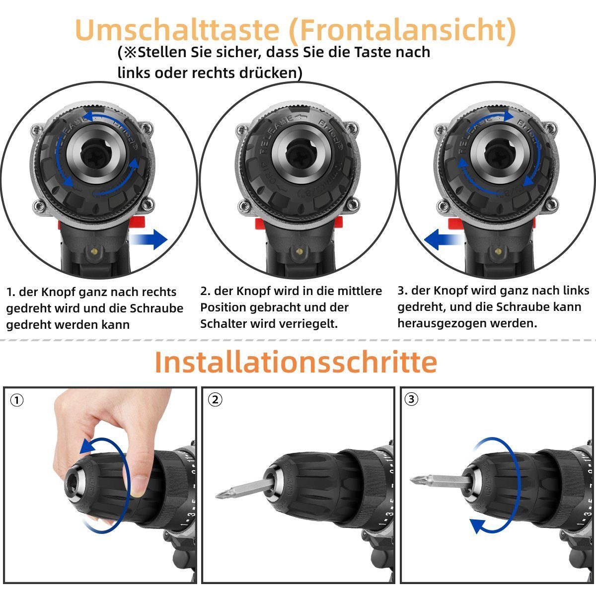 HONTOP Akku-Bohrmaschine Akkuschrauber mit 2 Akkus Bohrschrauber Set 12V 24 Zubehör