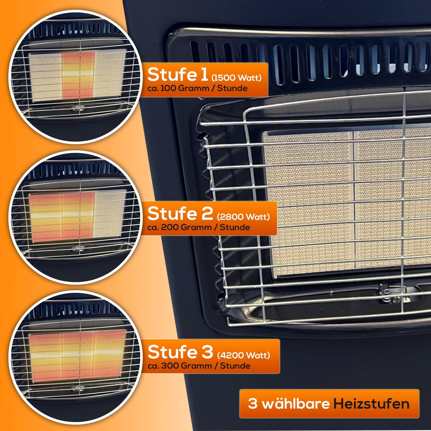 TroniTechnik Heizgerät Infrarot- Heizgerät HB-015 Gasheizer,Piezo-Zündung,4200 Watt,I3B/P(50), 4200 W, Überhitzungsschutz, drei Leistungsstufen:1500/2800/4200 Watt Edelstahl