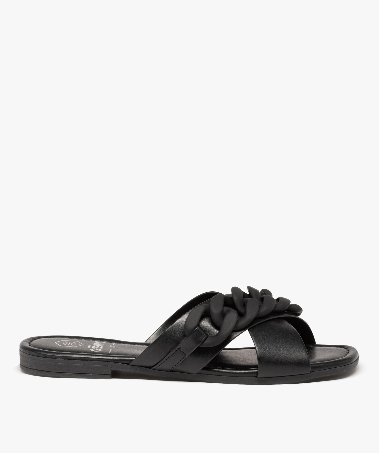 Mules femme à talon plat avec maillons de chane mats noir | GEMO