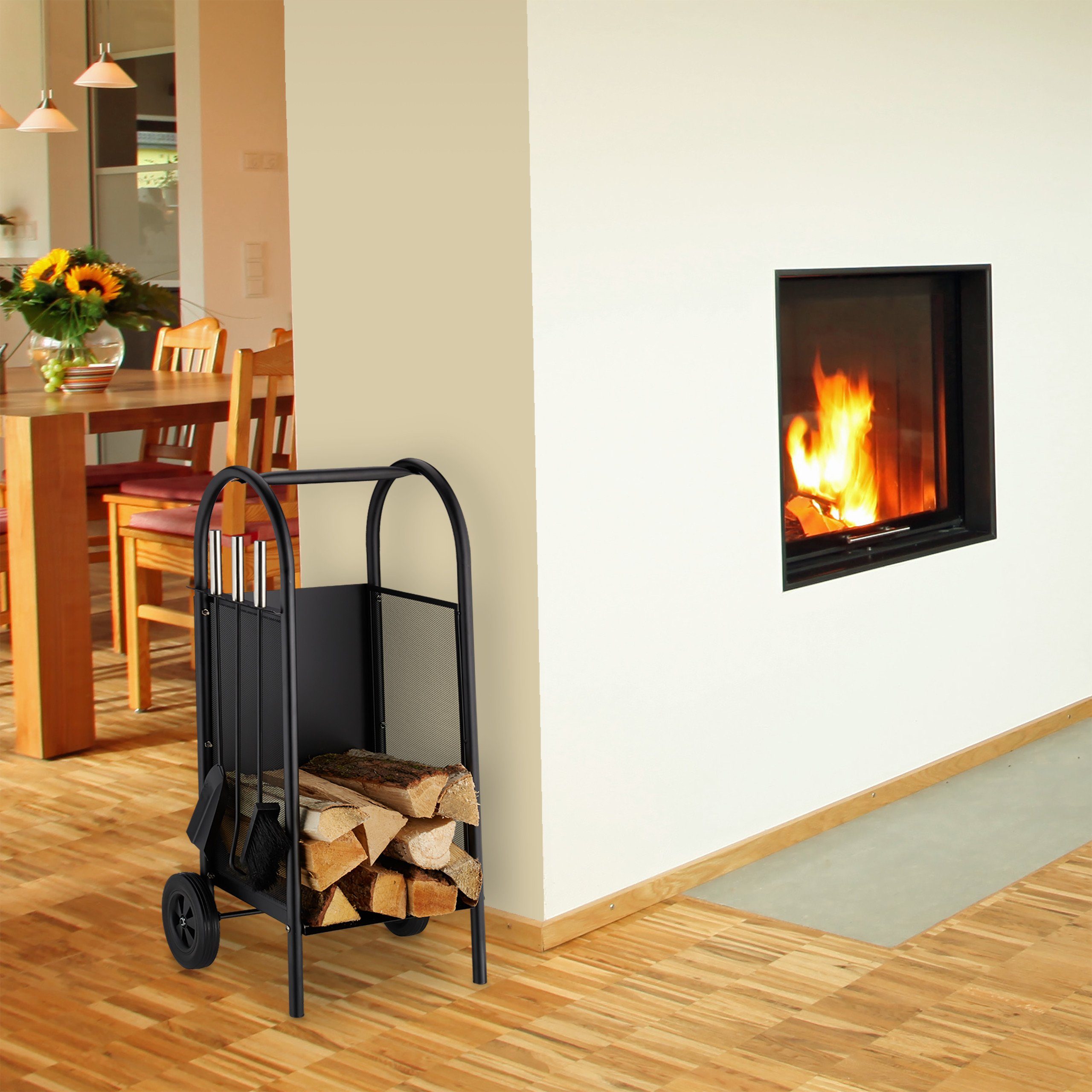 relaxdays Kaminholzregal Kaminholzwagen mit Besteck, BxTxH:42x37x81 cm