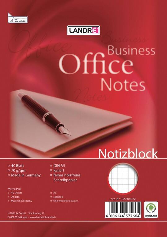 LANDRÉ Office Notizblock DIN A5 Kariert Spiralbindung Karton Rot Nicht perforiert 80 Seiten 40 Blatt