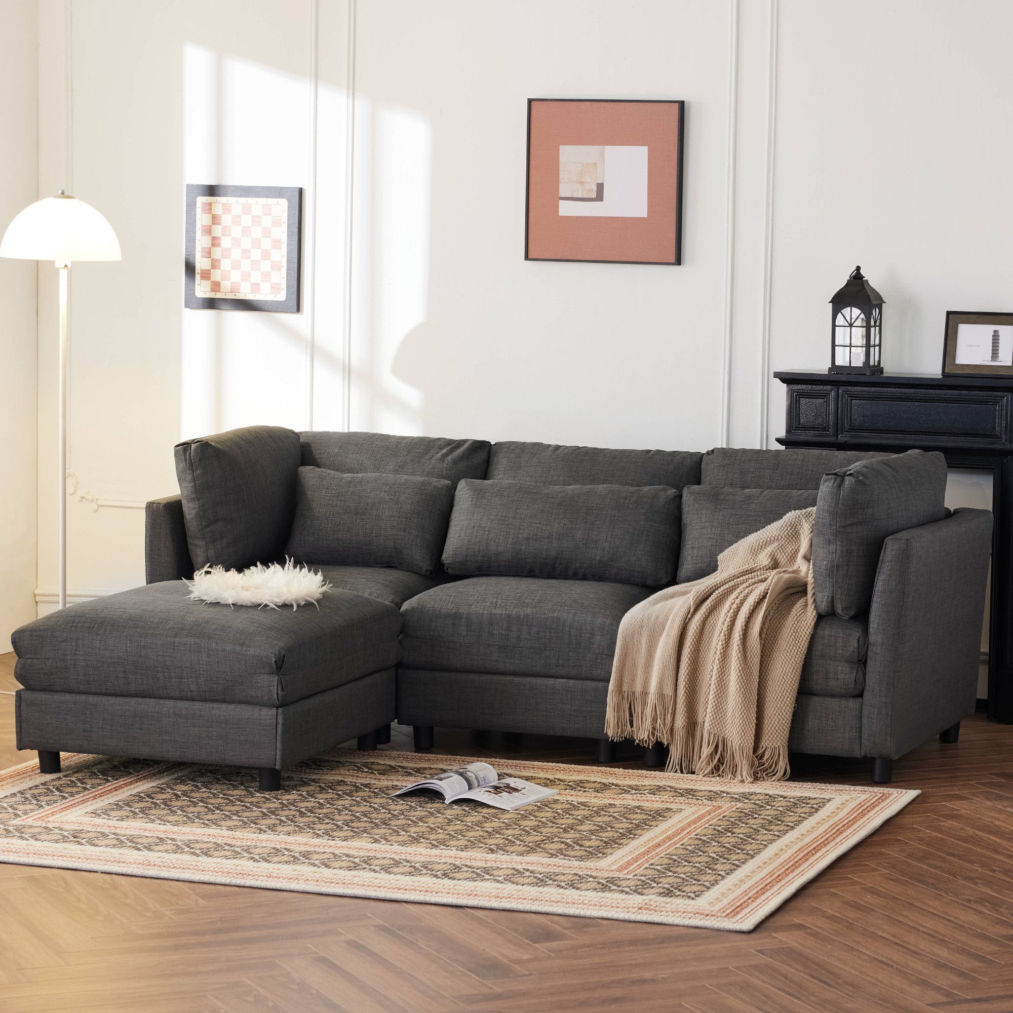 OKWISH Sofa Ecksofa Schlafsofa Wohnlandschaft, 3-Sitzer-Sofa, Wohnzimmersofa, Sofa mit Chaiselongue, mit Fußstütze