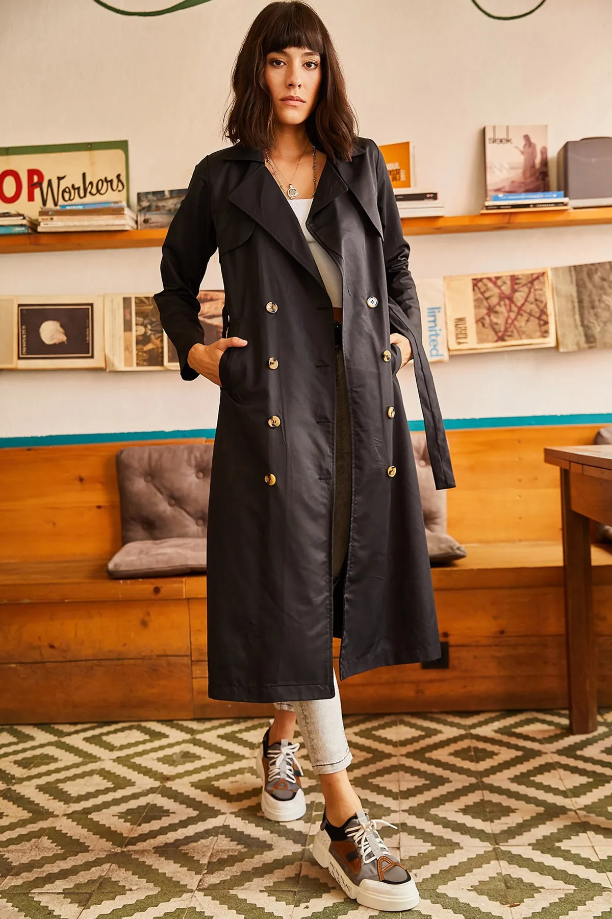 Olalook  Trenchcoat - Schwarz - Zweireihig