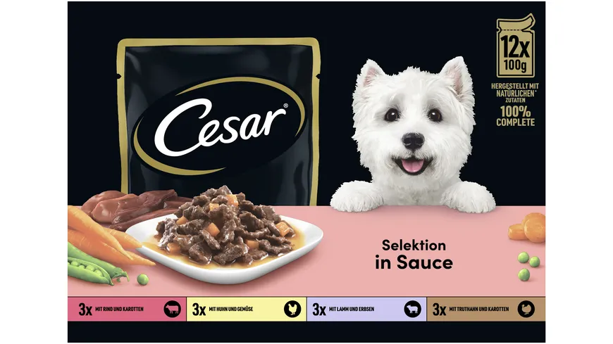 CESAR® Portionsbeutel Multipack Selektion in Sauce 4 Varietäten 12 x 100g 1200 g