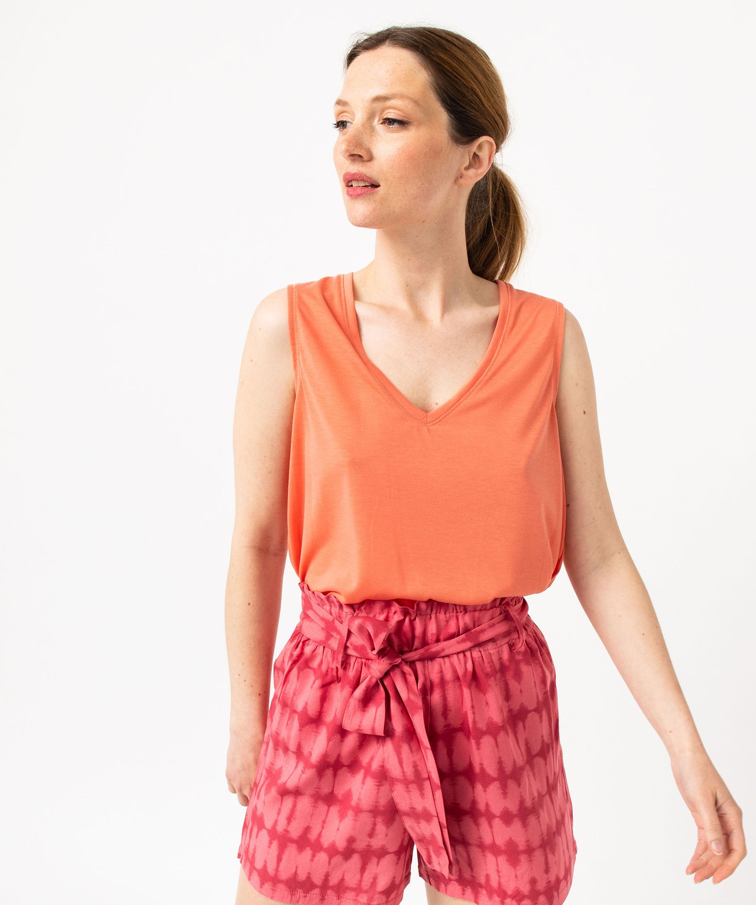 Débardeur col V en maille fluide femme orange | GEMO