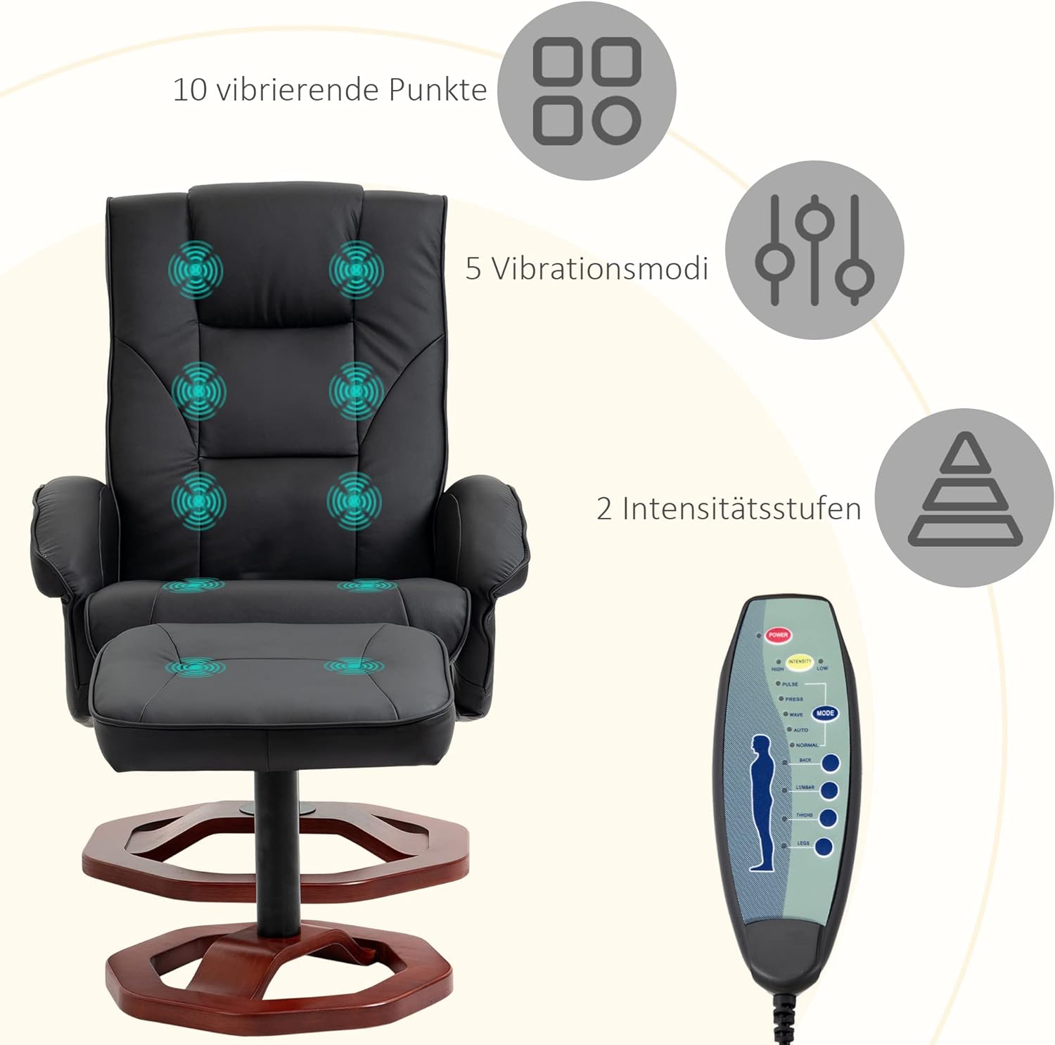 HOMCOM Sillón de masaje con reposapiés, función de descanso, función de descanso, sillón reclinable con función de masaje, giratorio 360°, piel sintética, acero negro+marrón, 73 x 83 x 106 cm