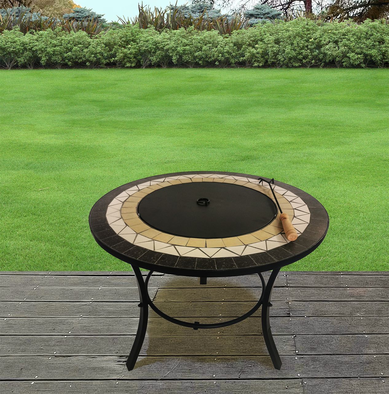 HC Garten & Freizeit Feuerstelle Mosaik Fuego inkl. Abdeckung und Zubehör rund Ø 76 x 65 cm