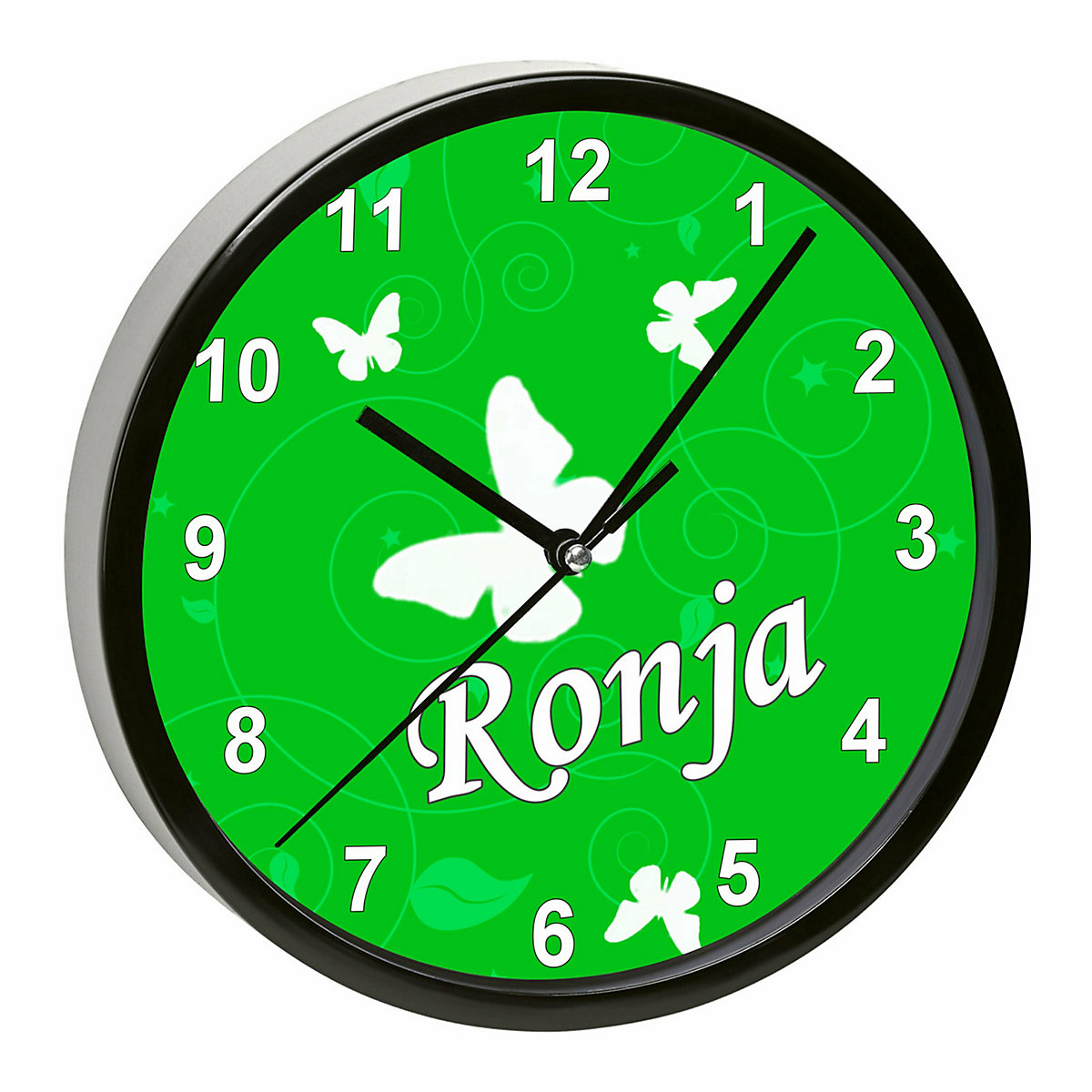 Kinder Wanduhr laufruhig personalisiert mit Name Schmetterling Ornamente grün