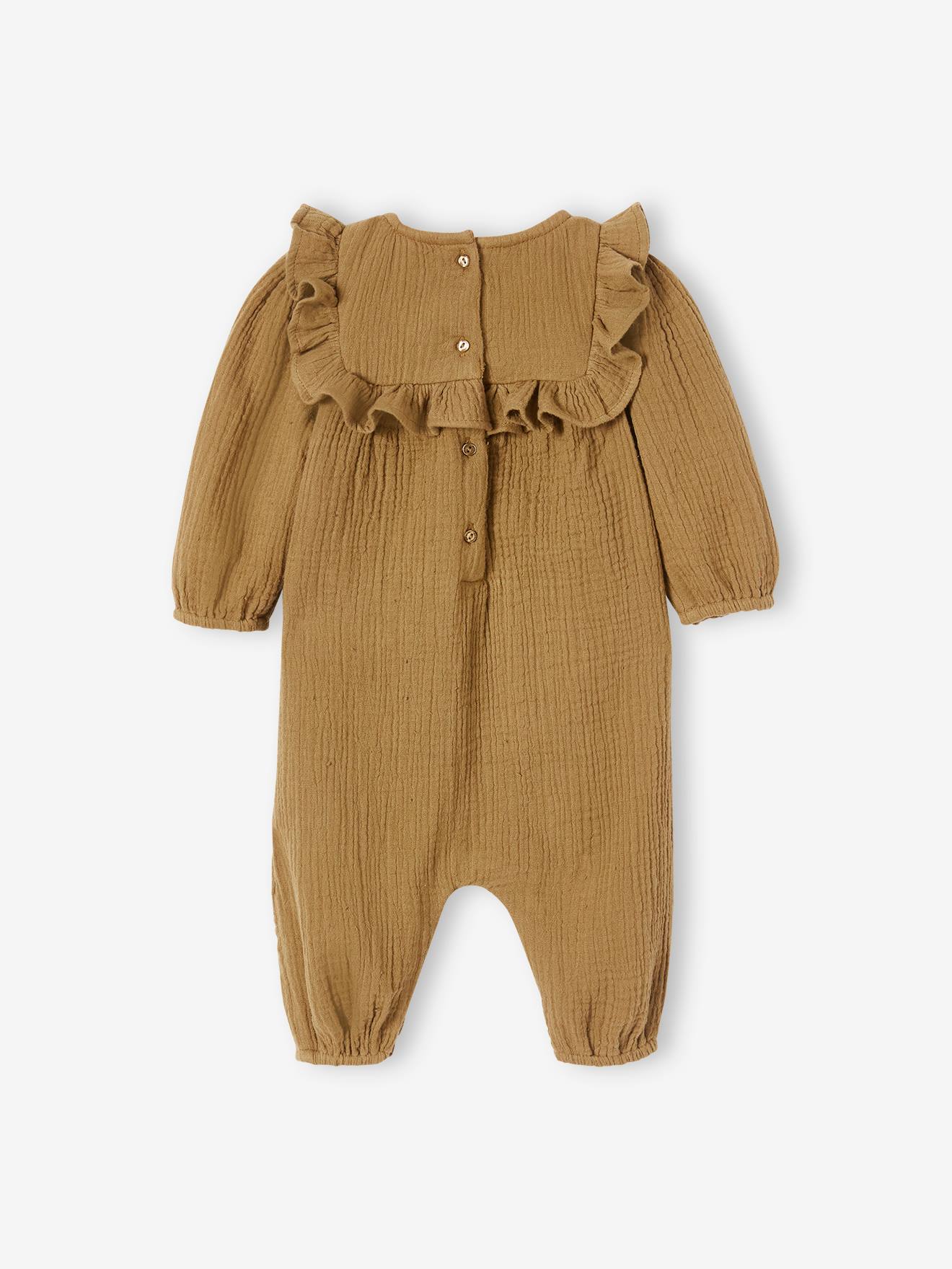 Combinaison brodée en gaze de coton bébé olive