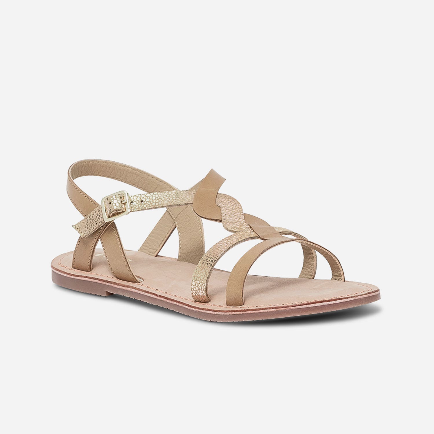 Sandale camel en cuir lisse et imprimé