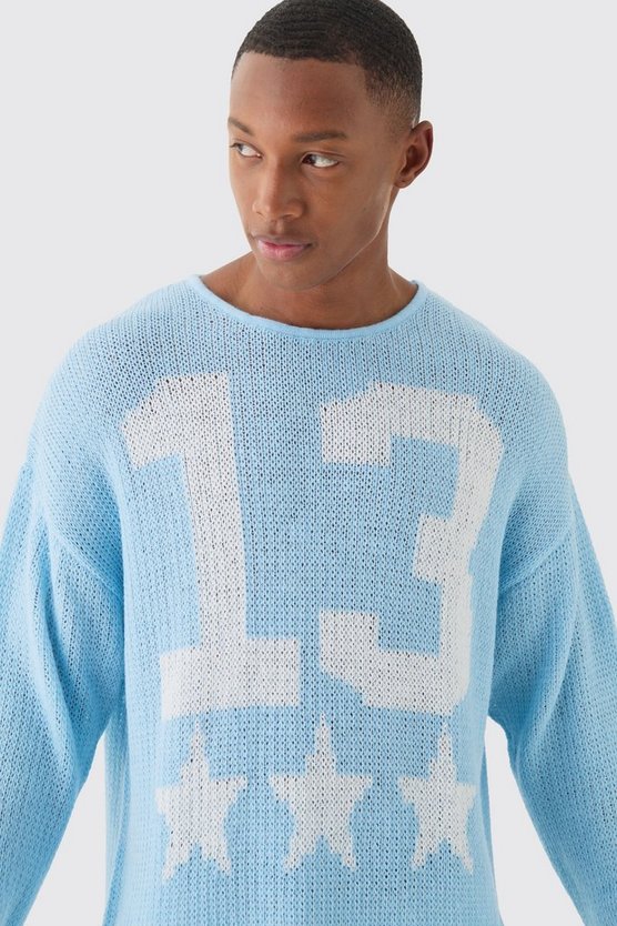 Kastiger Oversize Jacquard-Pullover in Hellblau