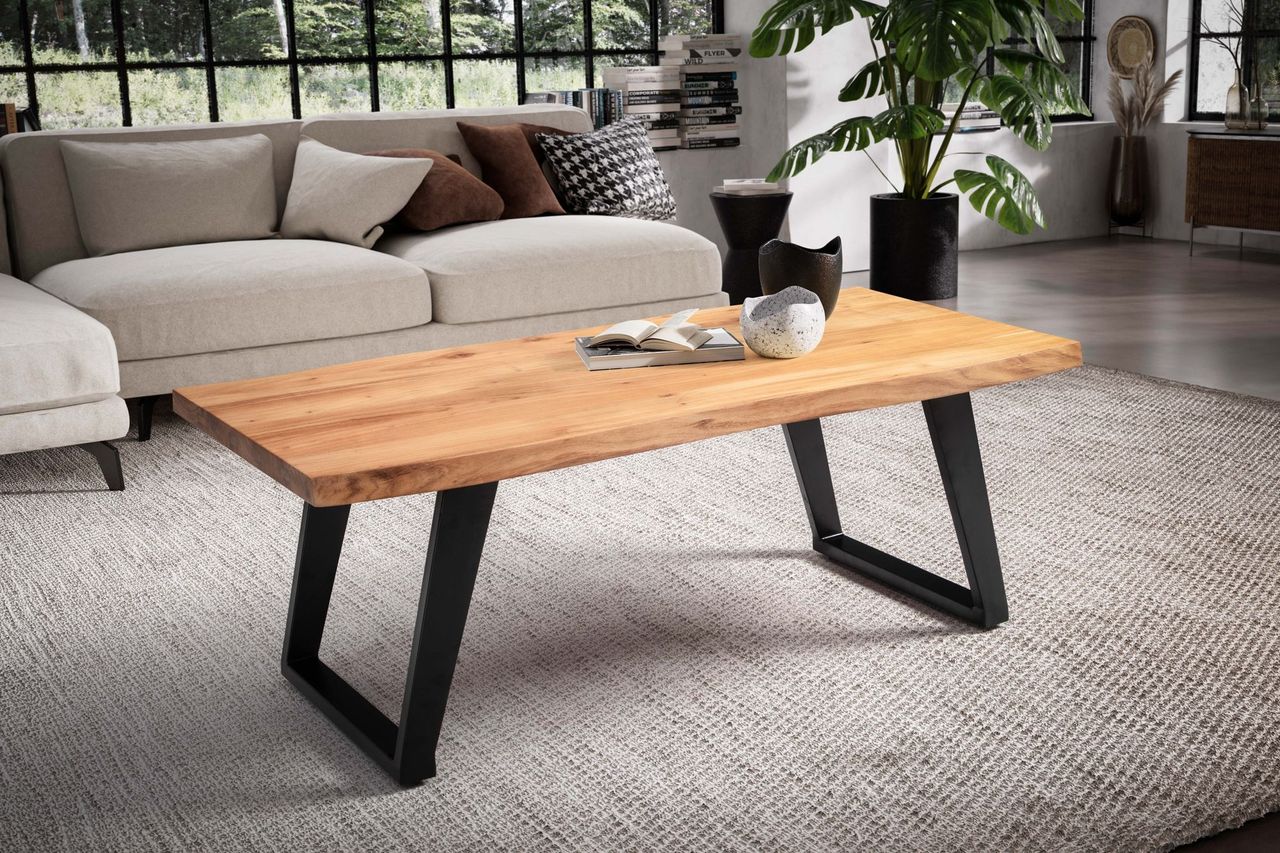 Wohnling Couchtisch 120 cm Akazie Massivholz Wohnzimmertisch Sofatisch Baumkante
