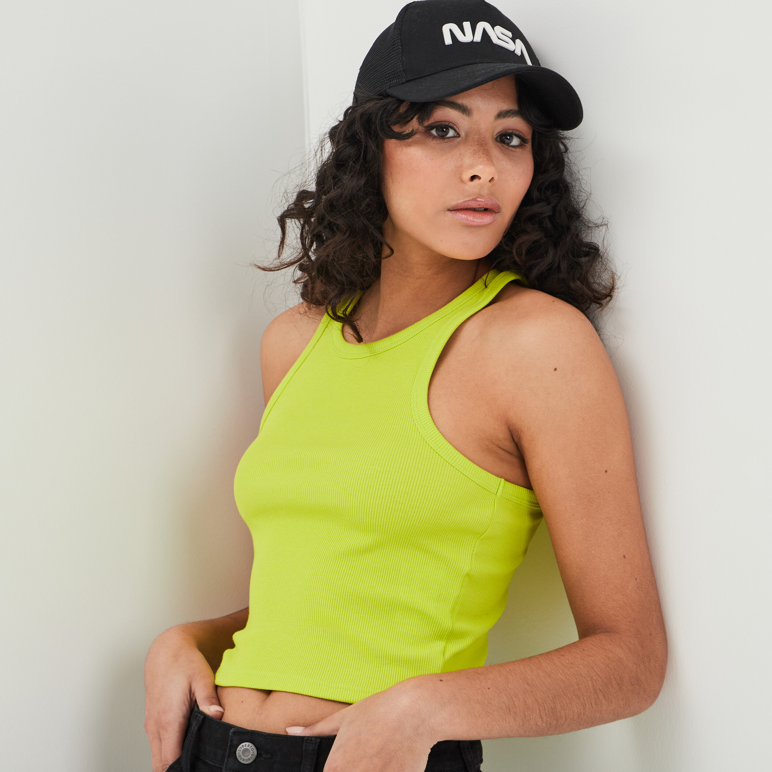 Débardeur côtelé encolure américaine jaune fluo femme | La Halle