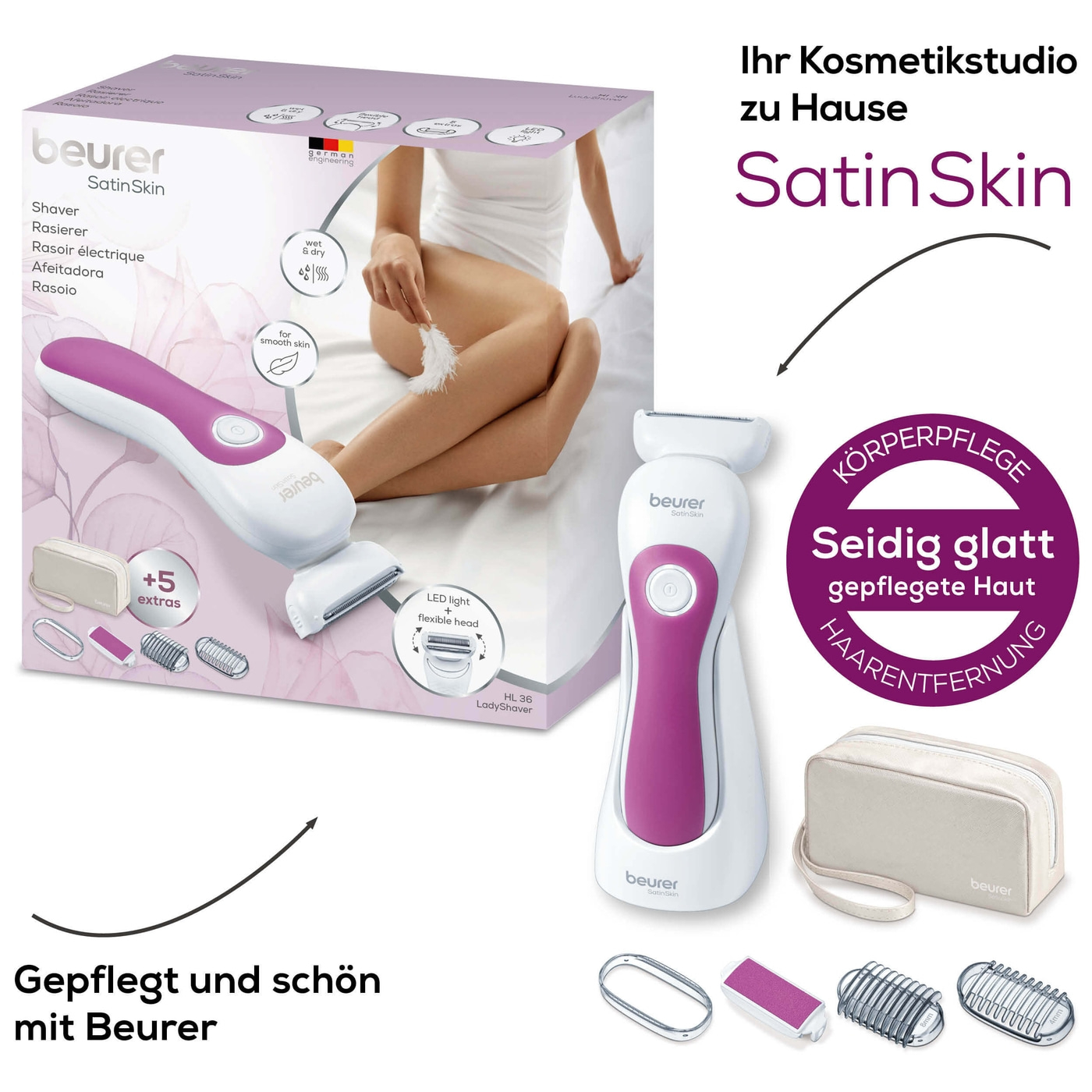 Beurer Rasierer HL 36-Damenrasierer mit Peeling-, Gleit- & 2 Trimmaufsätzen für Nass- & Trockenrasur