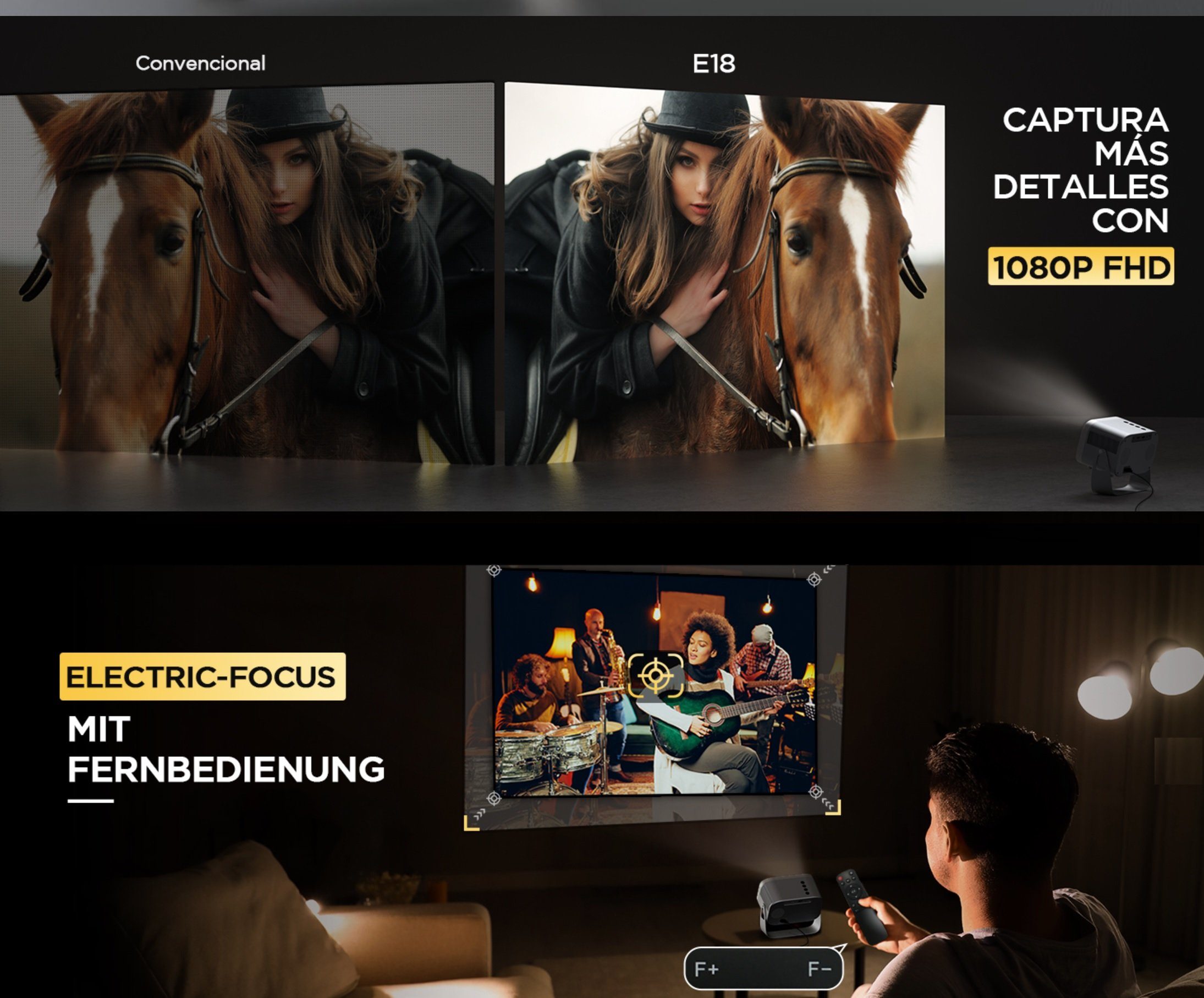 JUNG Mini Tragbarer Beamer Trapezkorrektur 4K 200 ANSI Smart Projektor WiFi Mini-Beamer (12000:1, 1920 x 1080 px, 4k Heim Kino Full HD Smart Heimkino Bluetooth Tragbar Mobil Minibeamer)