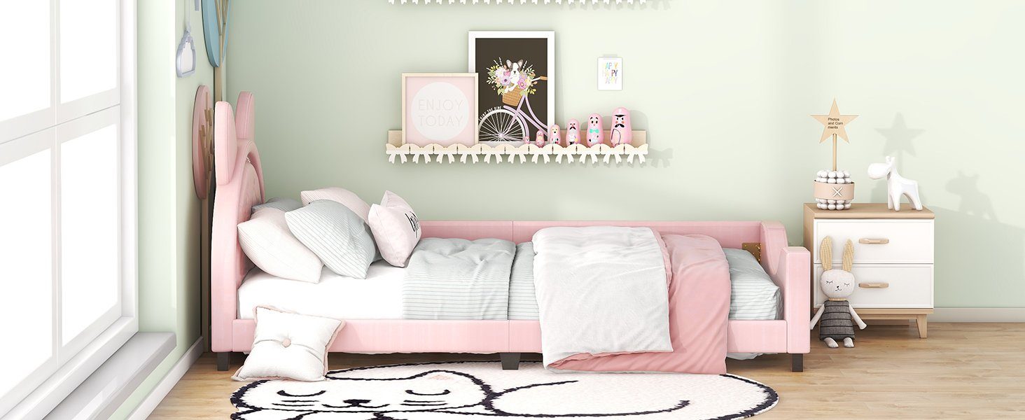 REDOM Polsterbett Einzelbett, Kinderbett, mit Holz Lattenroste und Rückenlehne (Form von Karton-Ohren, 90 x 200cm), Ohne Matratze