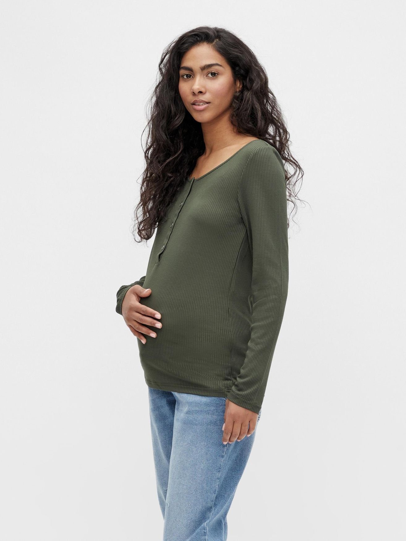Mamalicious Umstandspullover Dünner Umstandspullover Langarm Henley Schwangerschafts Shirt MLELLEN 4996 in Grün